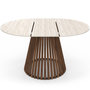 Voir la diapositive 3 : ID MARKET Table à manger extensible ronde CARMEN 4-8 personnes pied noyer en lattes et plateau effet travertin 110 - 150 cm