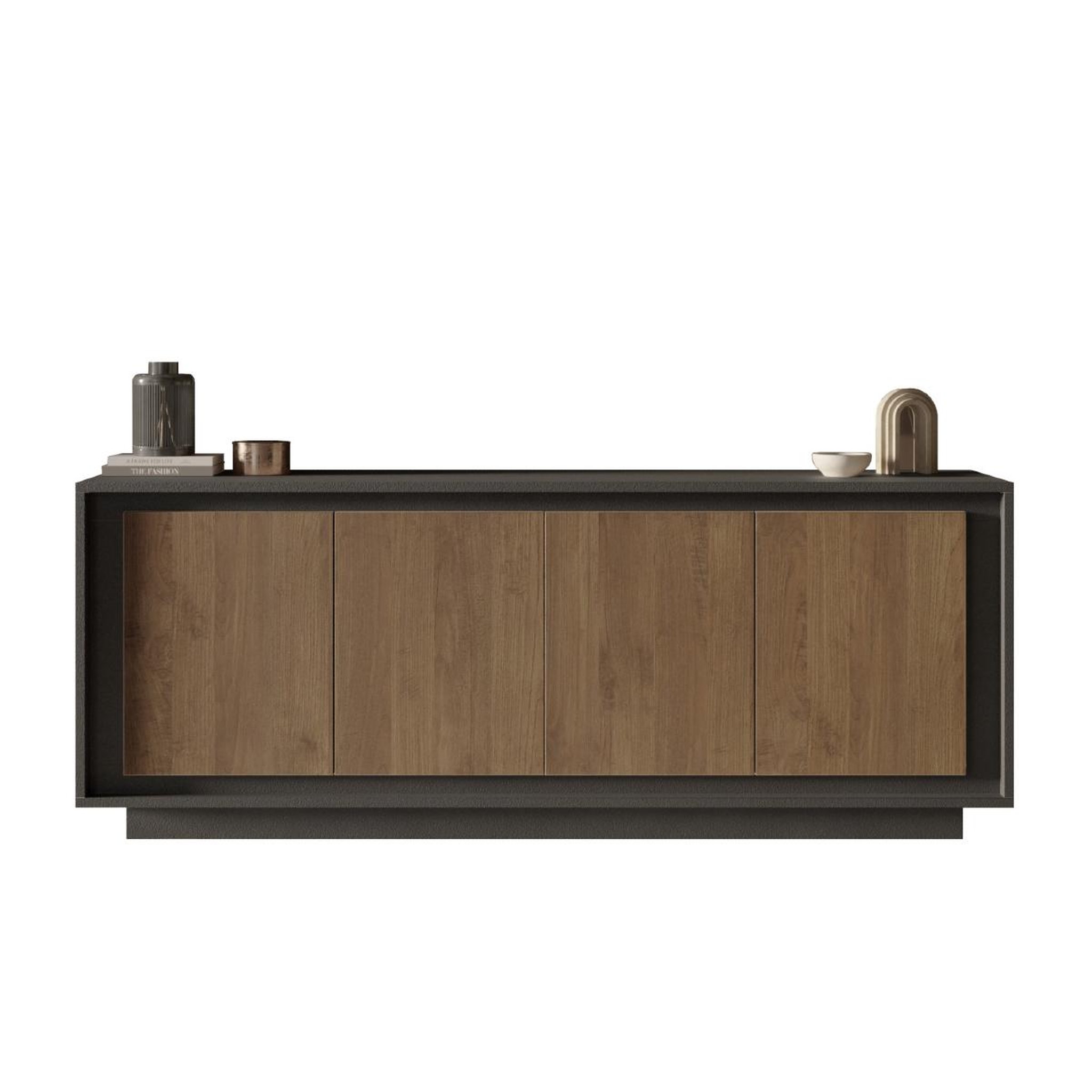 JLC KREATION Buffet bas contemporain 4 portes gris lave et noyer YORI