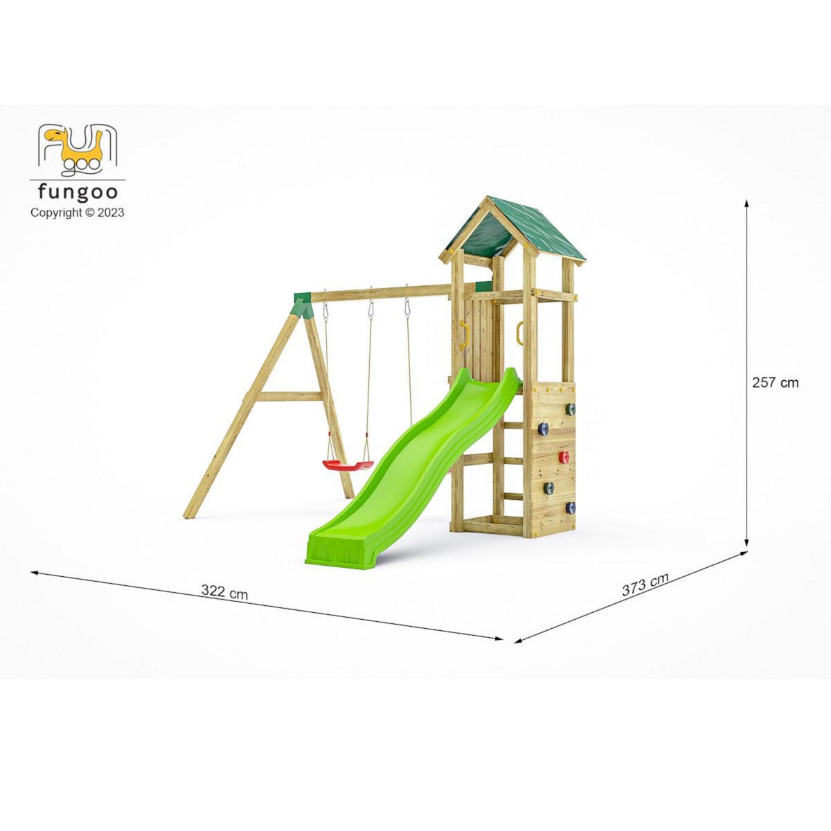 Fungoo Aire de jeux Charly avec balançoire double et mur d'escalade - Fungoo