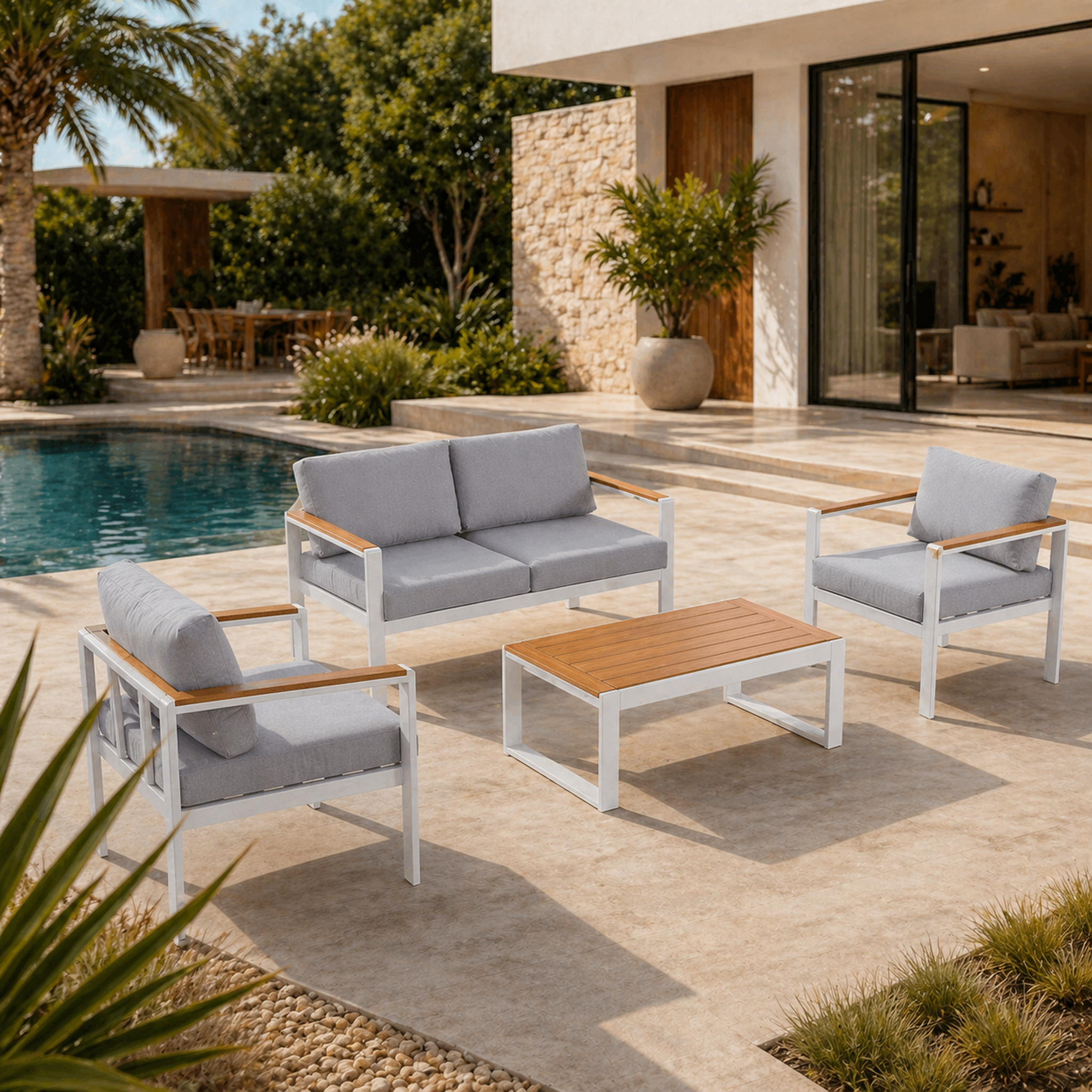 Voir la diapositive 2 : CONCEPT USINE Salon de jardin bas 4 places en aluminium blanc maringo