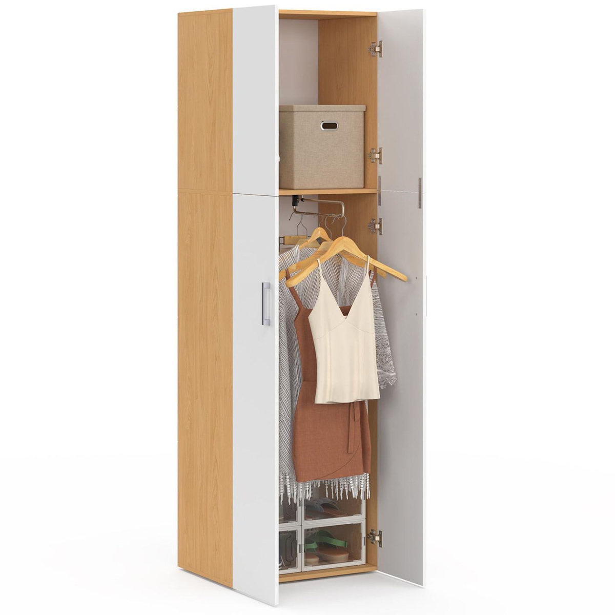 ID MARKET Armoire 2 portes JULIANA blanc et bois penderie 50 cm avec étagère