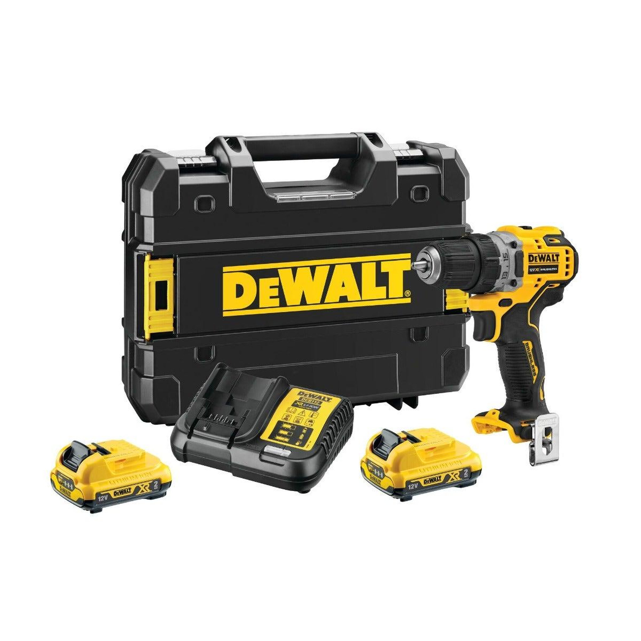 Dewalt Perceuse-visseuse sans fil 12v xr brushless + 2 batteries 2ah + chargeur + coffret tstak