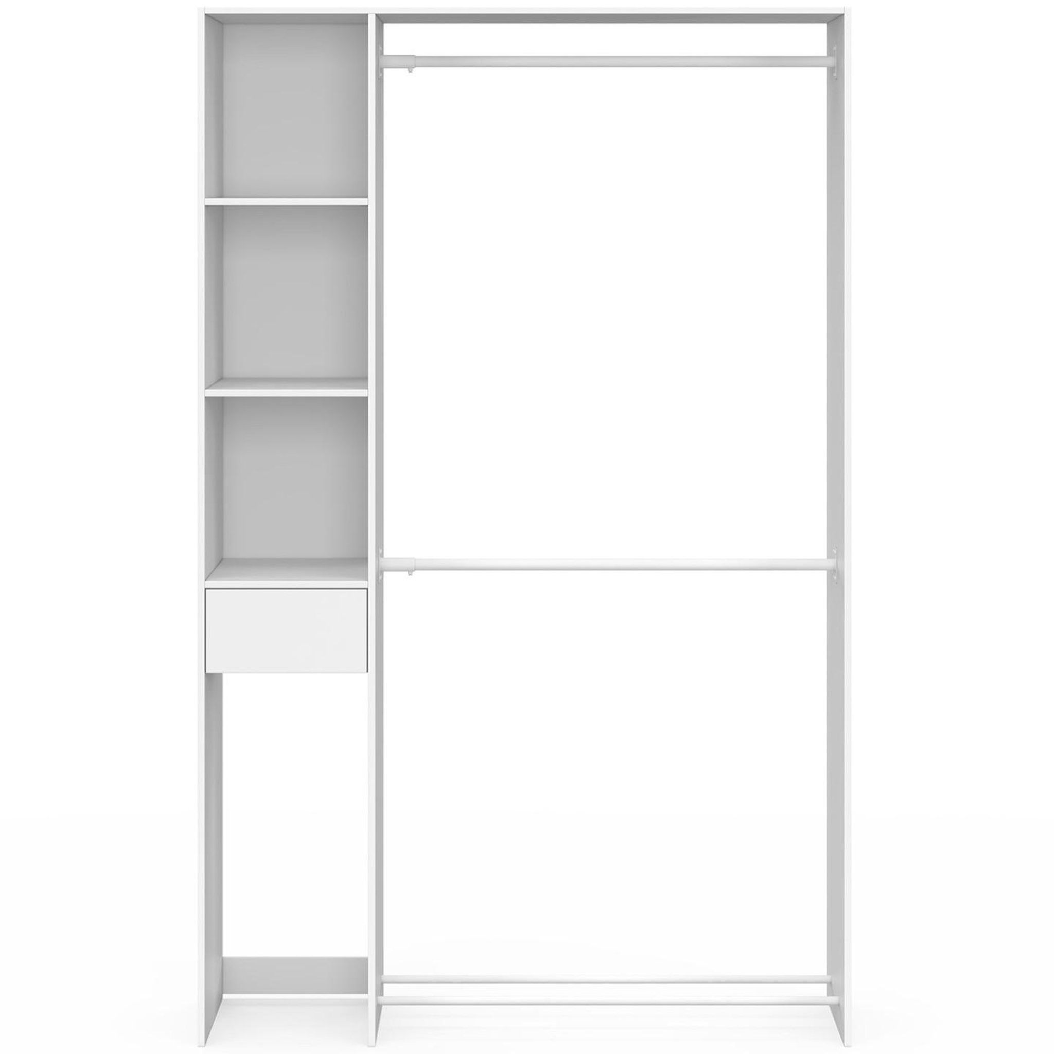 Voir la diapositive 3 : ID MARKET Dressing double penderie l. 110 cm mirty avec étagères + tiroir + rangements à chaussures blanc