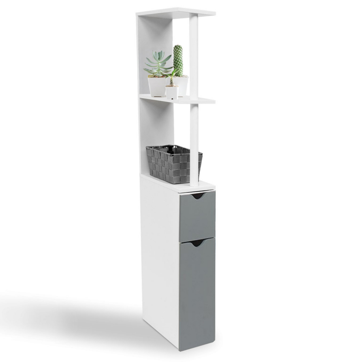 ID MARKET Meuble WC étagère bois WILLY 2 portes blanc et gris