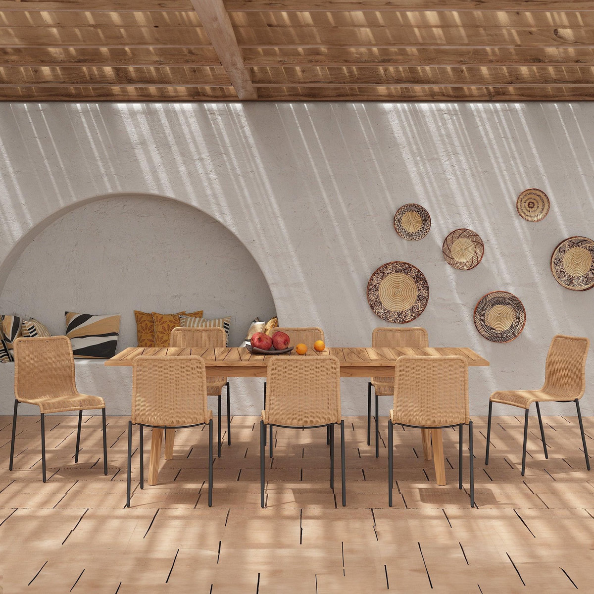 MAISON PAVANE Table et chaises de jardin 8 personnes, bois, résine tressée naturelle-Tunga