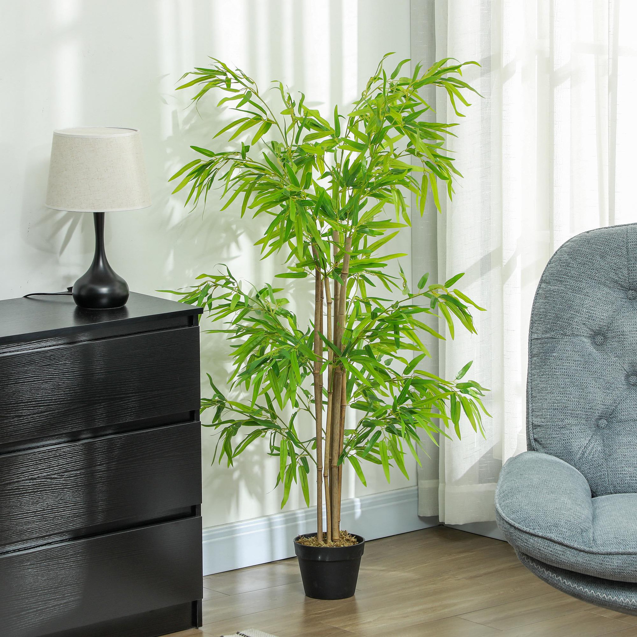 Voir la diapositive 2 : OUTSUNNY Bambou Artificiel Hauteur 1,5 m 644 Feuilles denses réalistes Pot Inclus Noir avec Lichen Vert