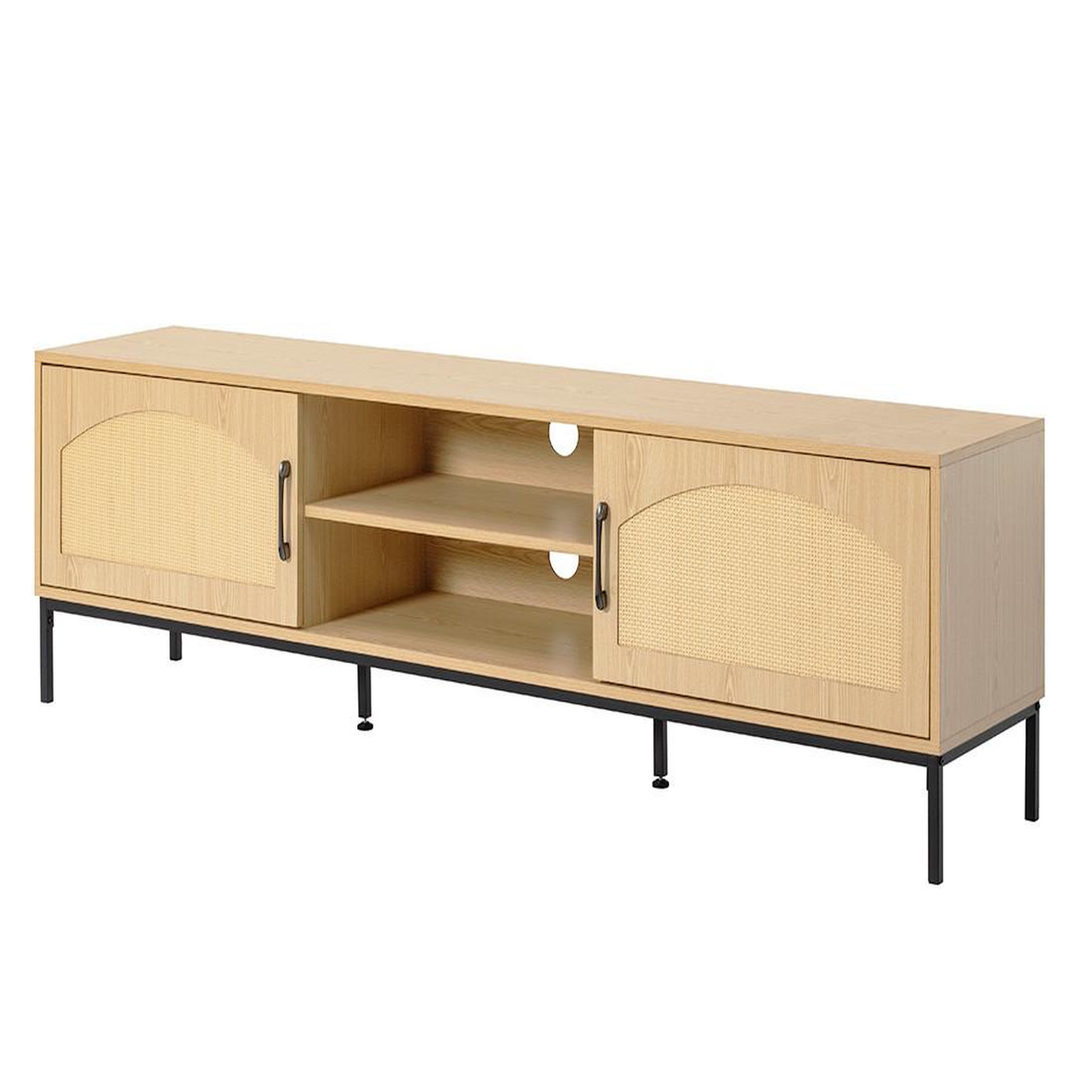 Voir la diapositive 2 : BEST MOBILIER Nagato - meuble tv - cannage et effet bois - 2 portes et 2 niches -180 cm