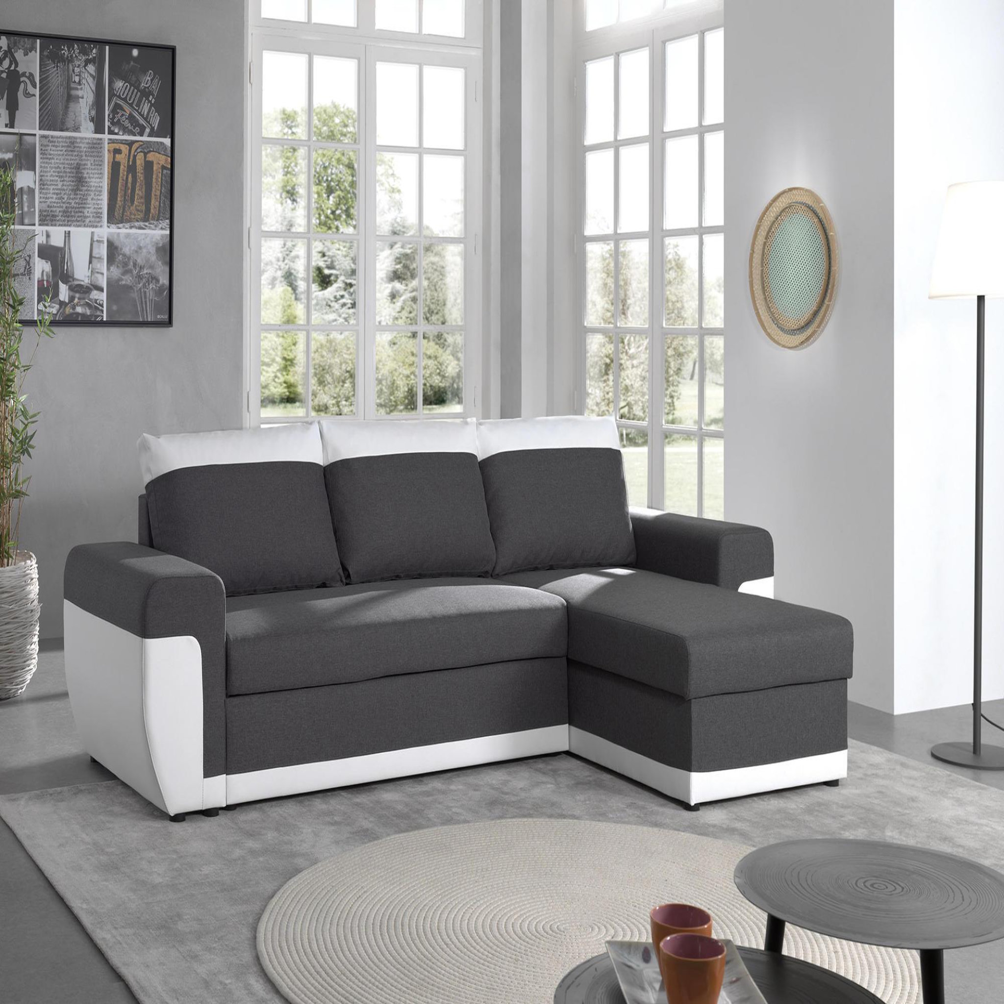 BEST MOBILIER Milan - canapé d'angle réversible - 4 places - convertible avec coffre - en simili et tissu. Coloris disponibles : Bicolore