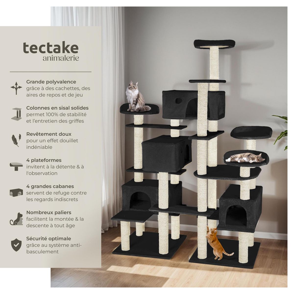 tectake Arbre à chat 214 cm avec griffoir et plateforme d'escalade noir