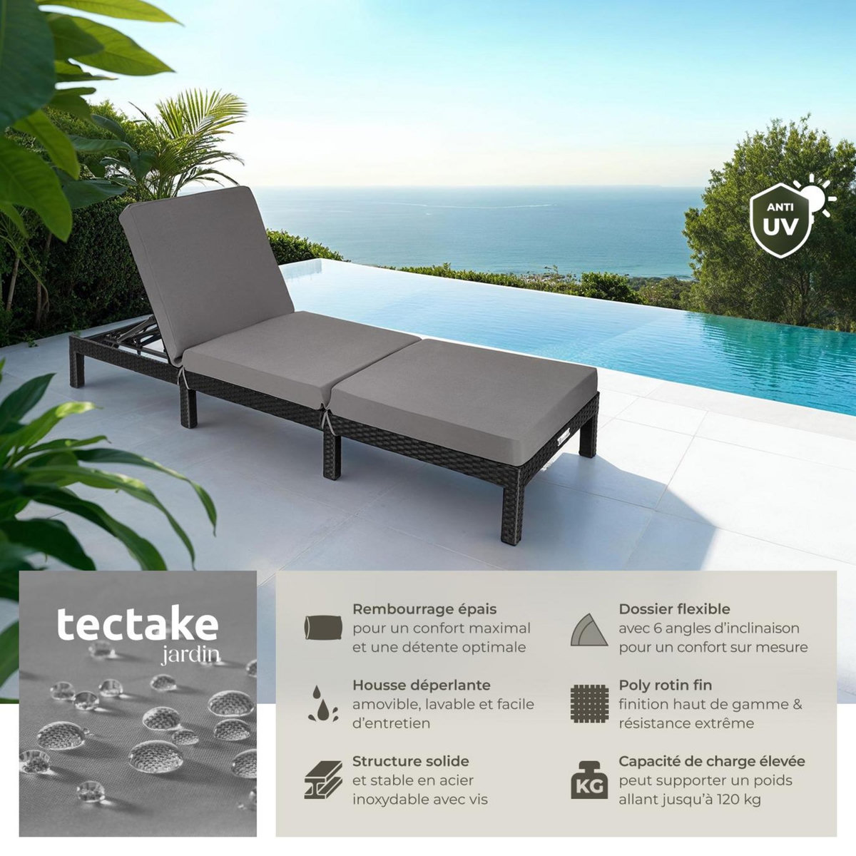 tectake Bain de soleil en rotin robuste noir