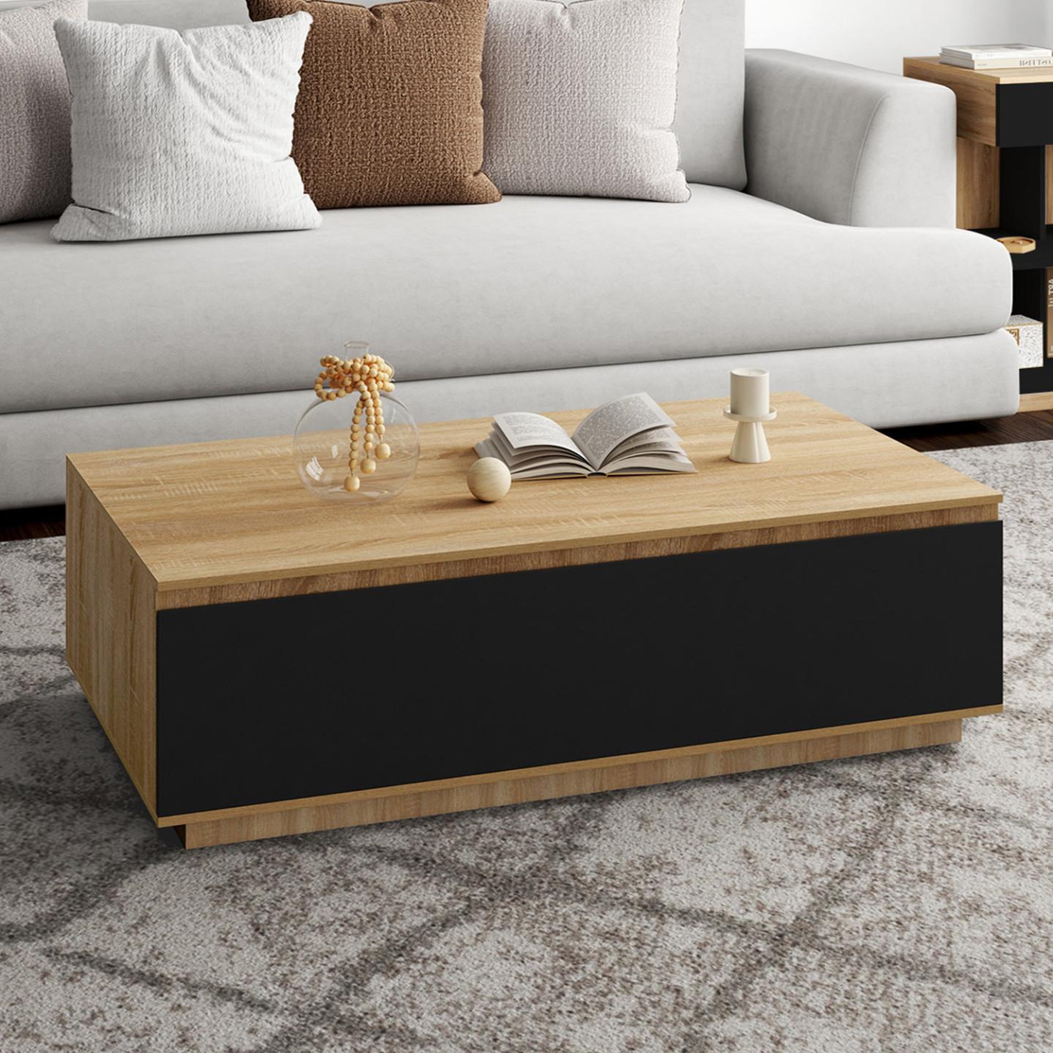 Voir la diapositive 2 : ID MARKET Table basse tomi 110 cm avec porte façon hêtre et noir