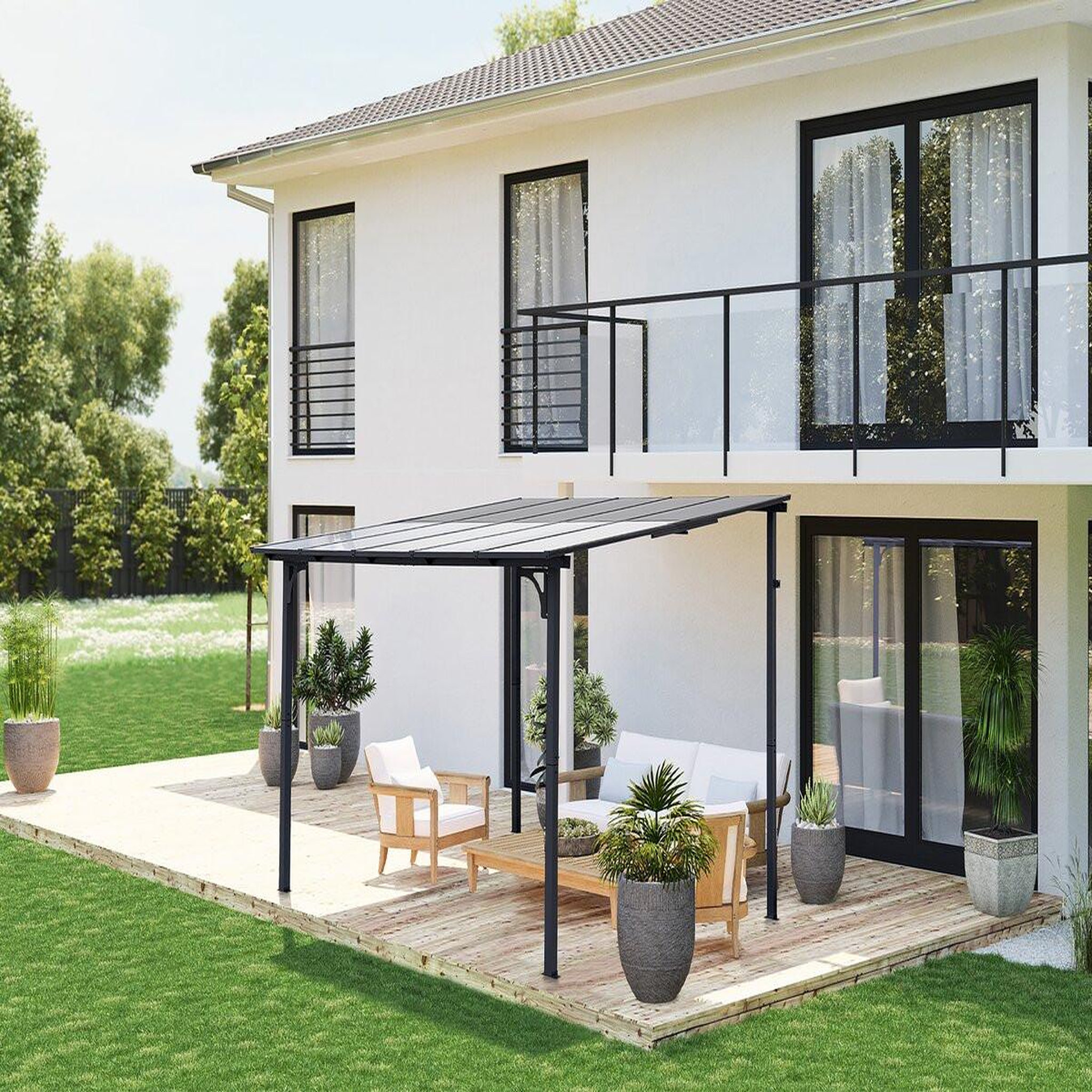 Voir la diapositive 2 : Habitat et Jardin Pergola tonnelle adossée  marvin  - 3 x 3 m - 304 x 298 x 243 cm - gris foncé