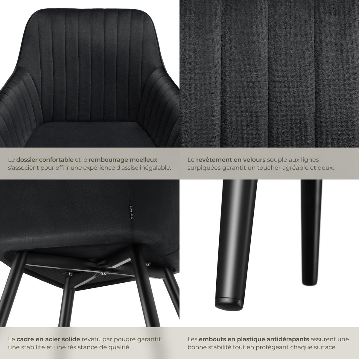 tectake Chaise de salle à manger en velours matelassée et capitonnée noir/noir Lot de 4