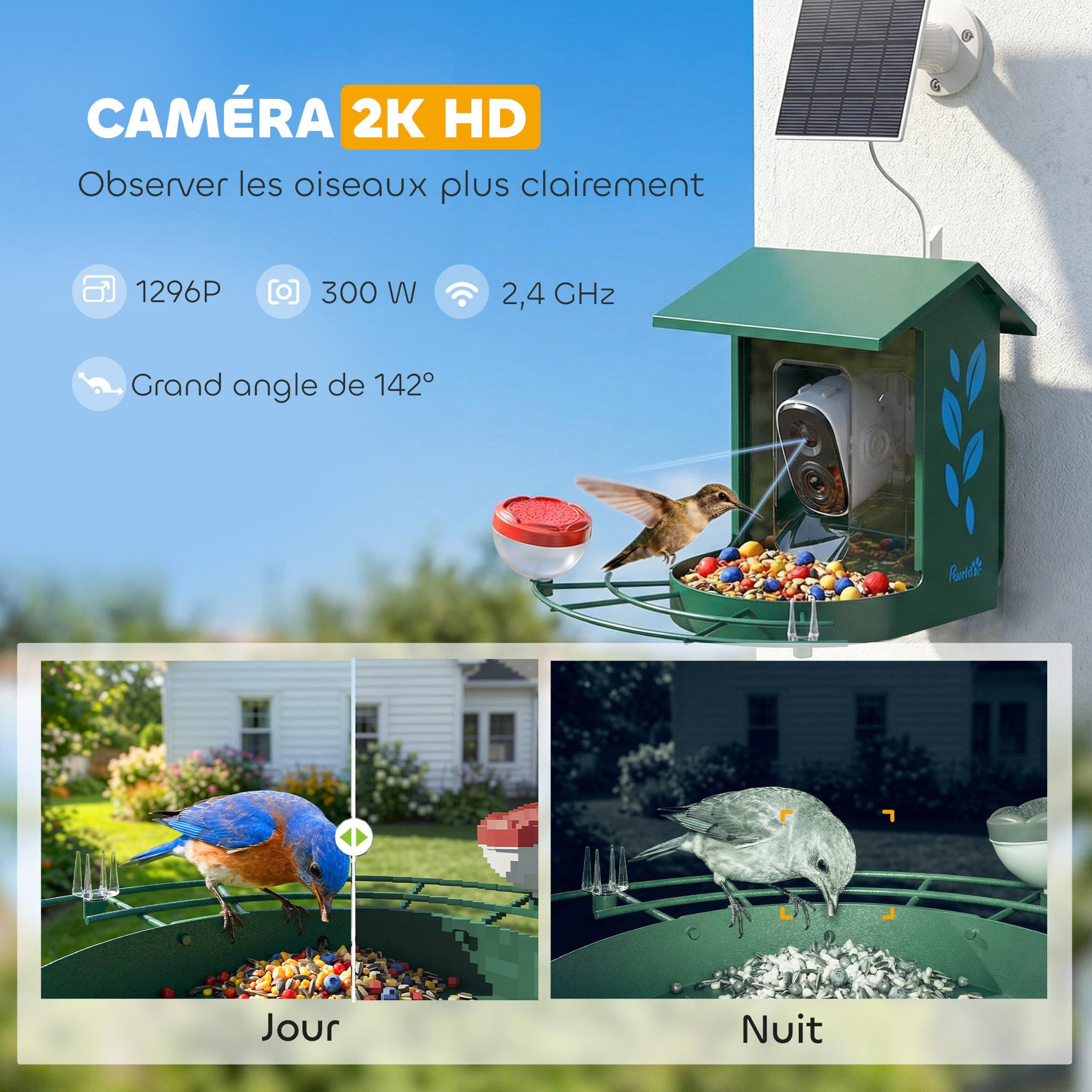 Voir la diapositive 4 : PAWHUT Mangeoire oiseaux avec caméra solaire 3m pixels reconnaissance ia grand angle 142° - 30 x 34 x 26 cm - métal vert