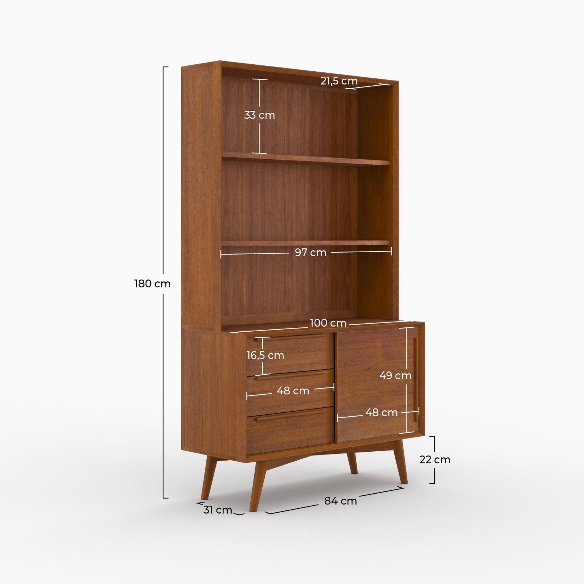 Voir la diapositive 4 : MAISON PAVANE Etagère en bois de teck, 3 niveaux, 3 tiroirs et 1 porte-waya