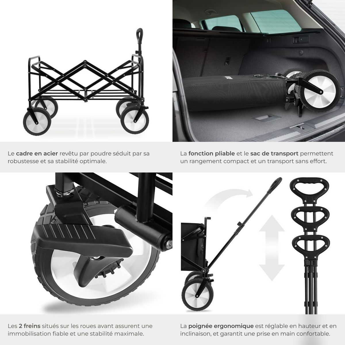 tectake Chariot pliable avec poignée téléscopique noir