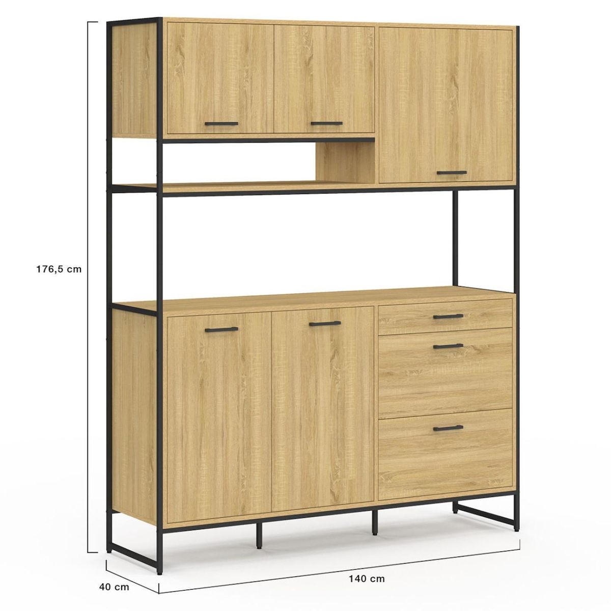 ID MARKET Buffet casserolier de cuisine 140 cm DETROIT 5 portes + 3 tiroirs design industriel