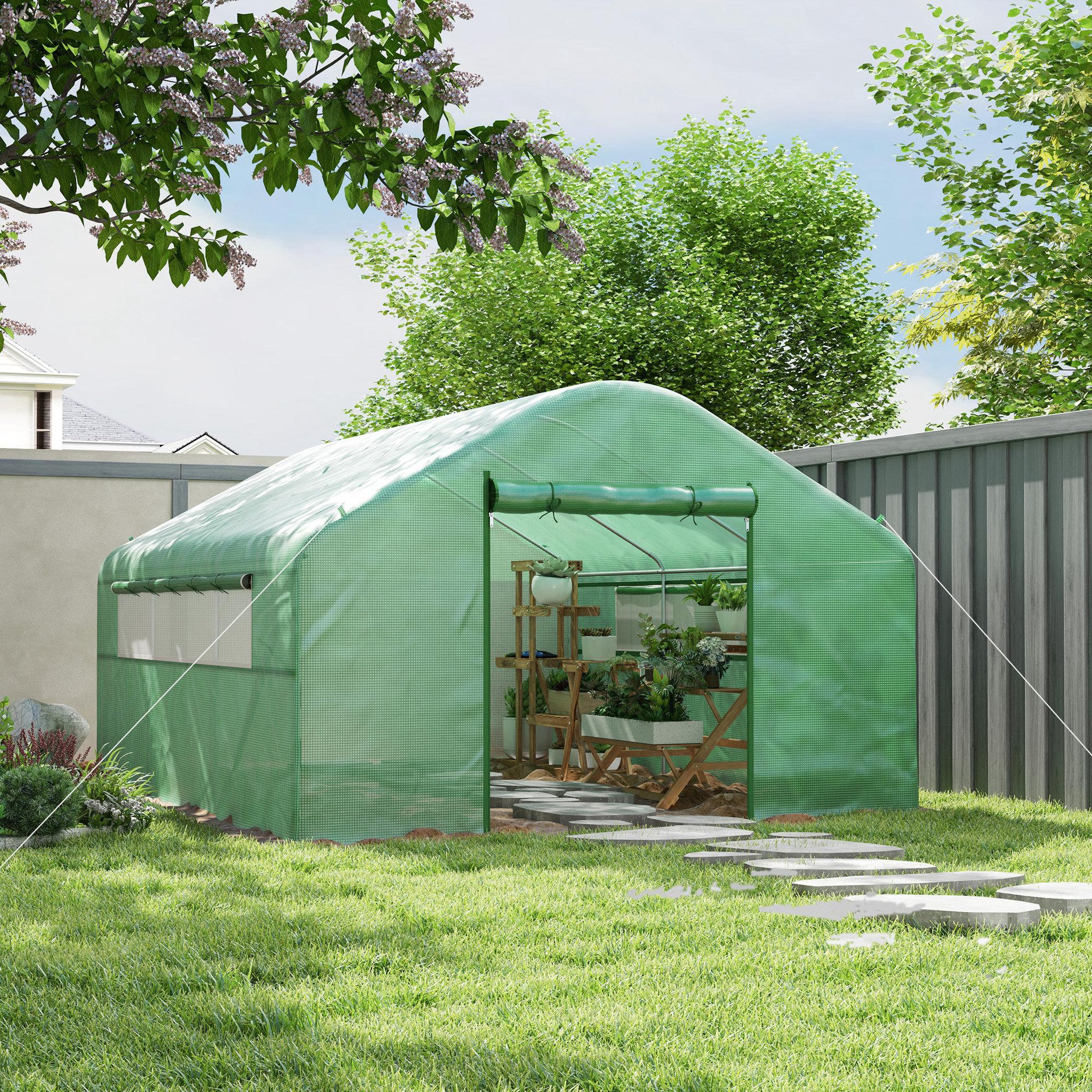 Voir la diapositive 2 : OUTSUNNY Serre de jardin 12 m² - serre tunnel 4 x 3 x 2 m porte 2 grandes fenêtres enroulables maillées acier galvanisé pe blanc