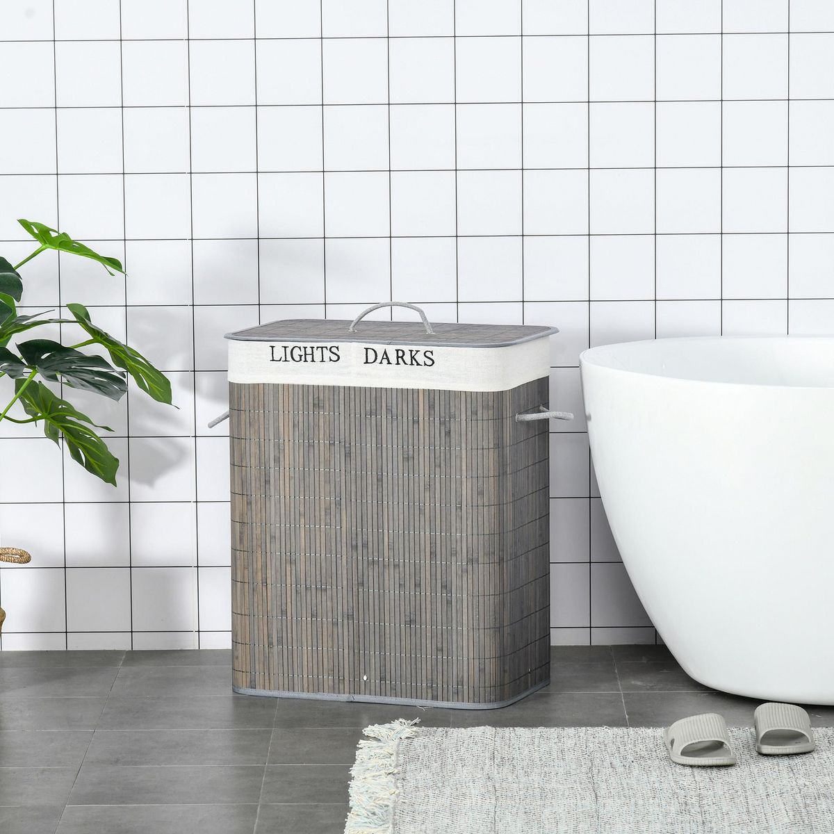 HOMCOM Panier à linge corbeille à linge 2 bacs bambou pliable couvercle poignée sac amovible en toile gris