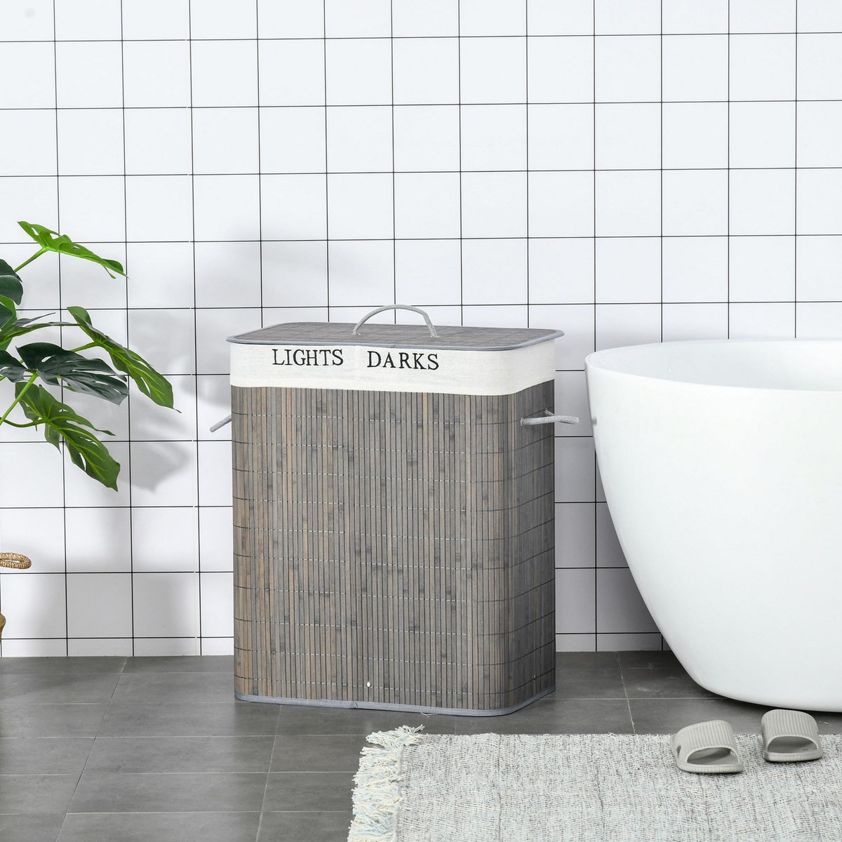 HOMCOM Panier à linge corbeille à linge 2 bacs bambou pliable couvercle poignée sac amovible en toile gris