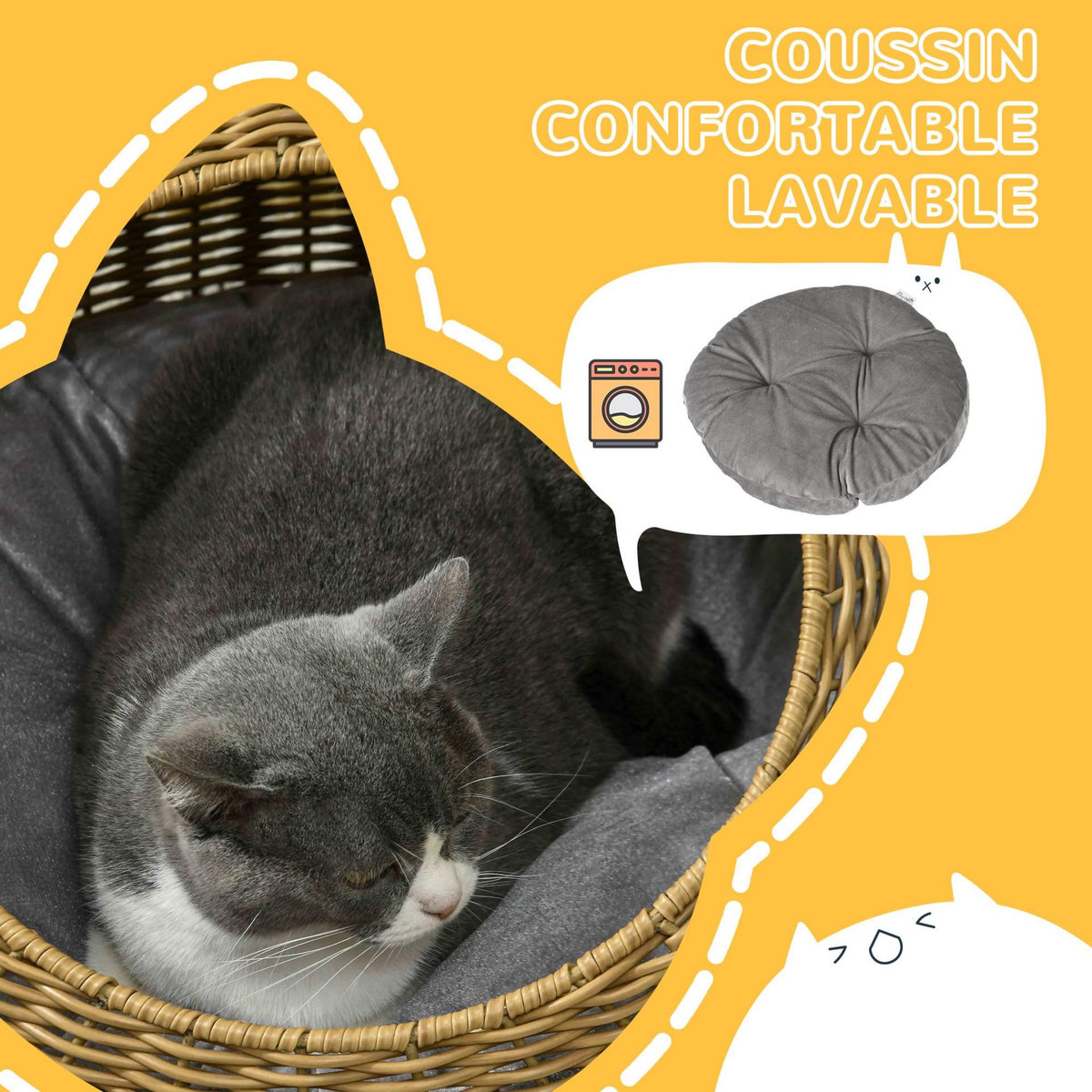 PAWHUT Niche pour chat lit pour chat panier de chat en résine tressée imitation rotin coussin doux déhoussable Ø 50 x 31H cm marron clair