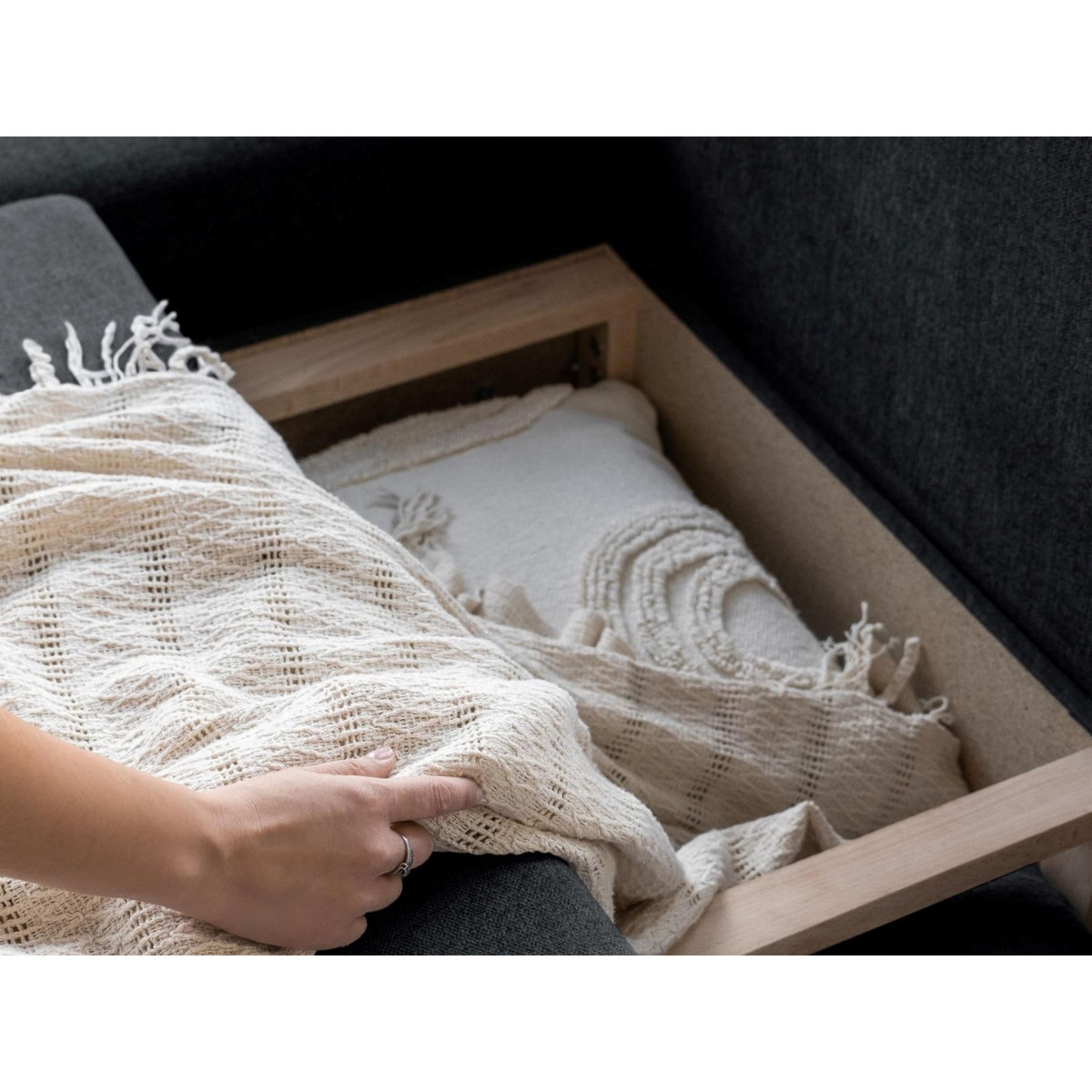 BEST MOBILIER Lagom - canapé d'angle panoramique - convertible - avec coffre - en tissu - 7 places - gauche