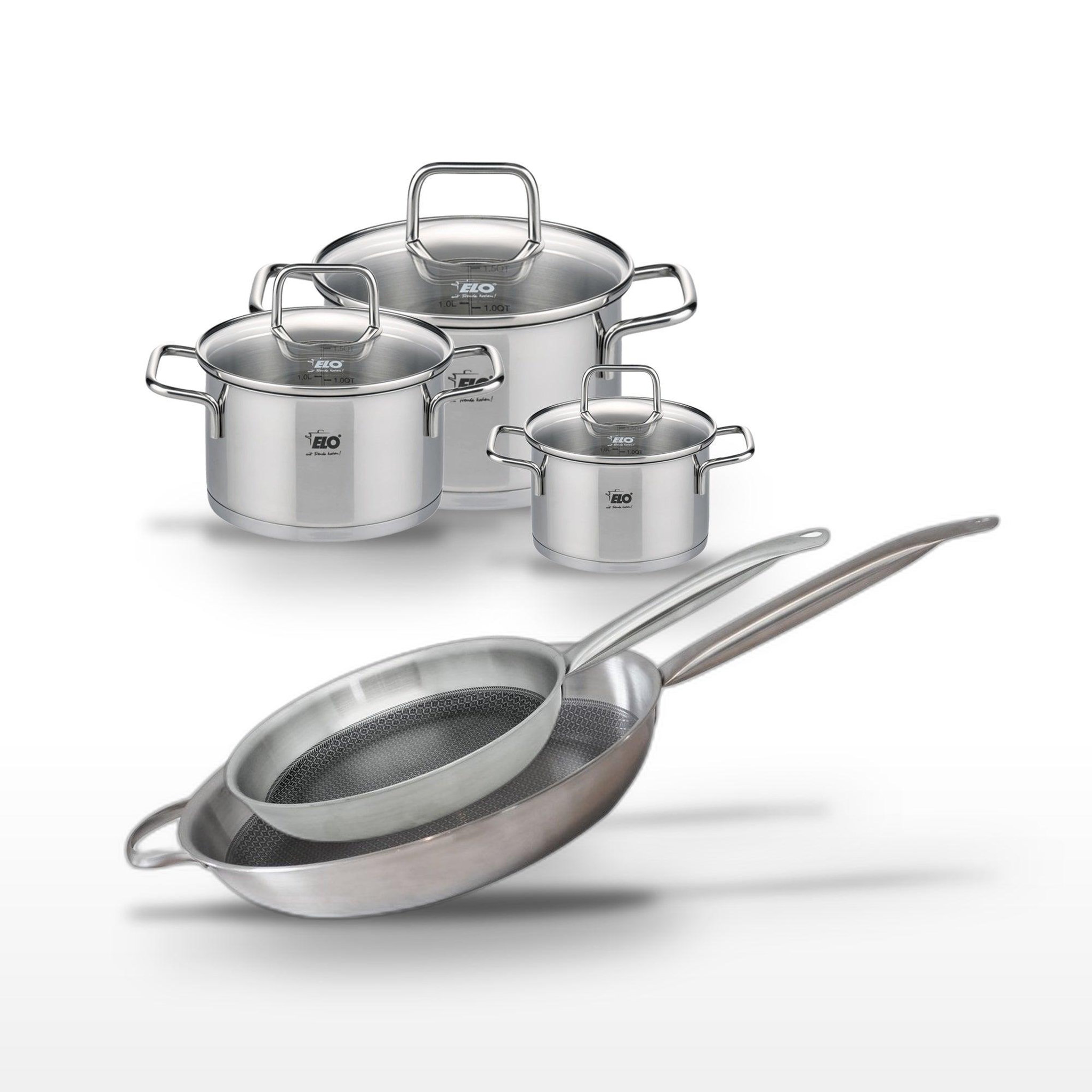ELO Batterie de cuisine avec 2 poêles 28/32 cm et 3 faitouts 12/16/20 cm en inox sans pfas elo collection relief solution citrin