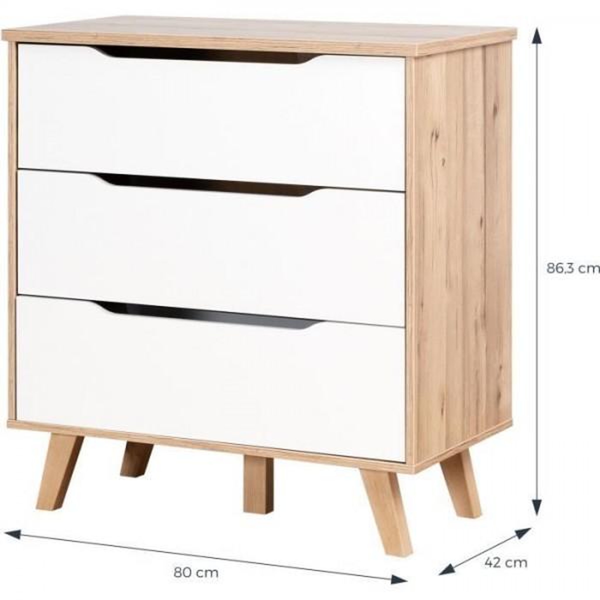 Voir la diapositive 4 : MARKET24 Commode 3 tiroirs - Décor chene et blanc mat - Pieds en massif - Scandinave L 80 cm - VANKKA