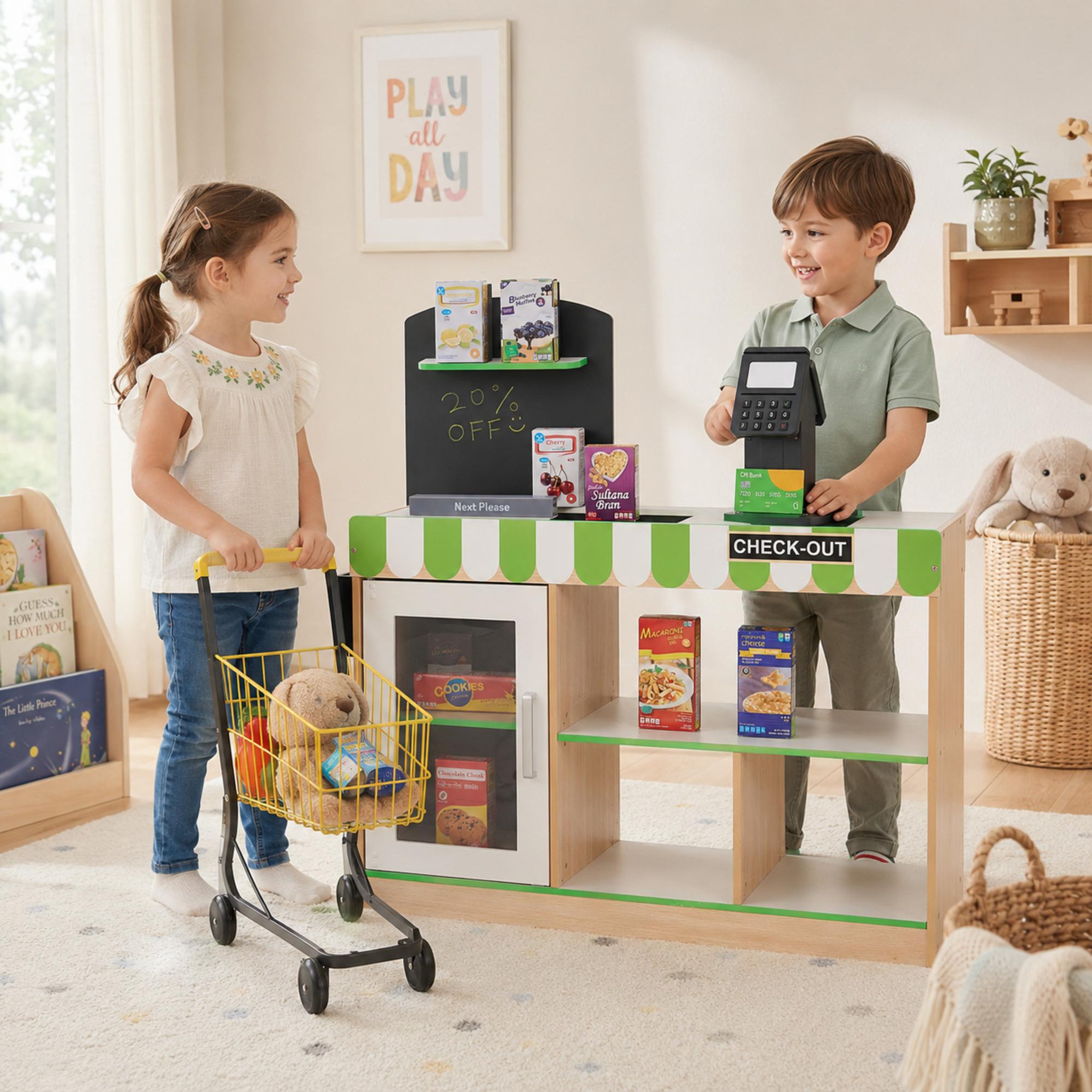 Voir la diapositive 3 : TEAMSON KIDS Stand Marchand Bois avec Caisse et Accessoires Jeu Enfant