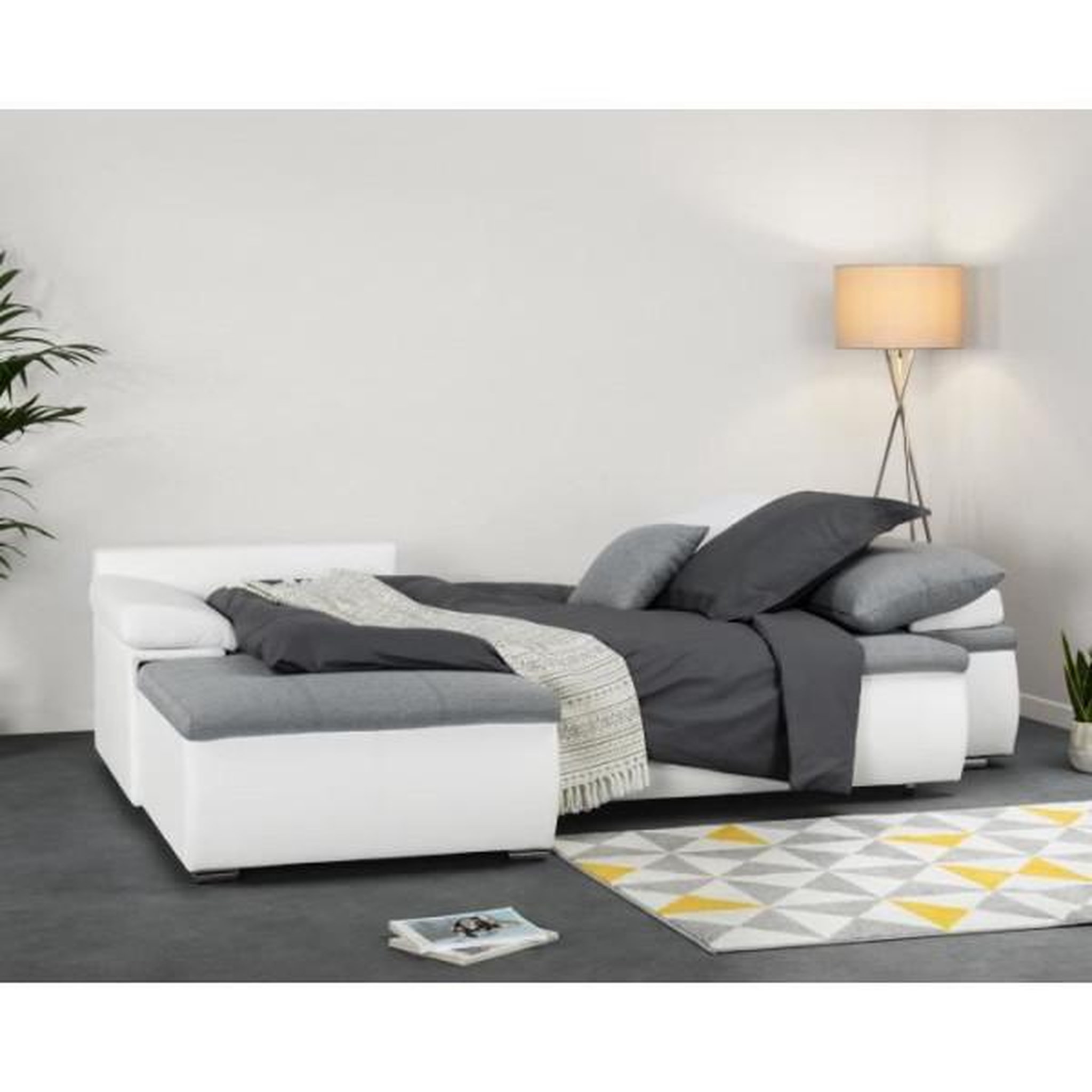 Voir la diapositive 5 : MARKET24 Canapé d'angle réversible convertible 3 places+Coffre - Simili blanc et tissu gris - CELINA - L 274 x P 184 cm - Fabriqué en