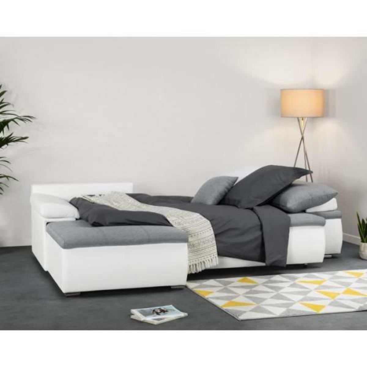 MARKET24 Canapé d'angle réversible convertible 3 places+Coffre - Simili blanc et tissu gris - CELINA - L 274 x P 184 cm - Fabriqué en