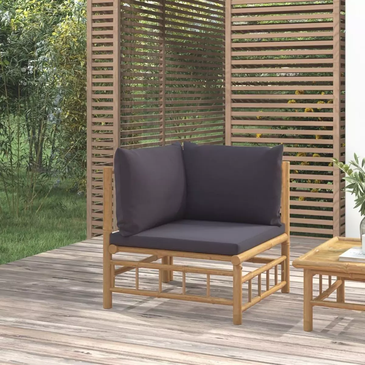 VIDAXL Canape d'angle de jardin avec coussins gris fonce bambou