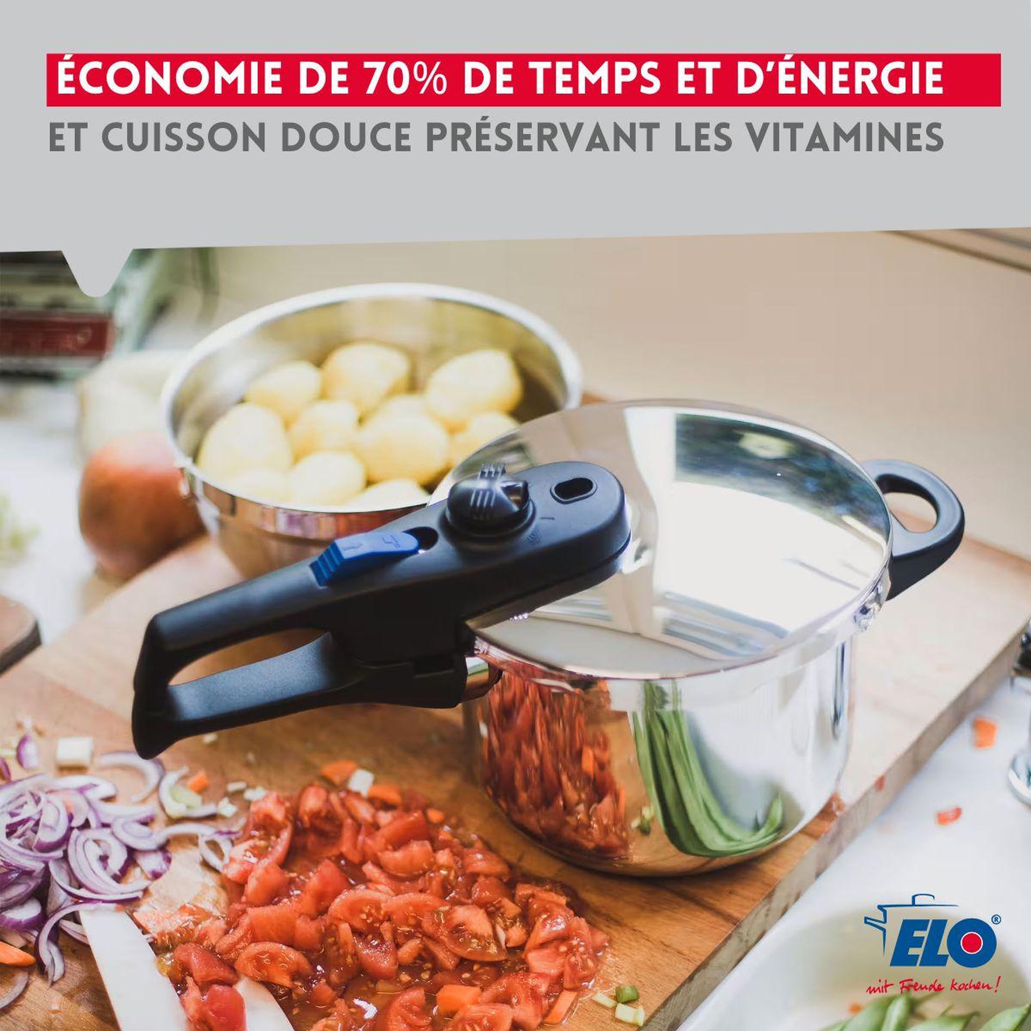 Voir la diapositive 4 : ELO Autocuiseur vapeur en acier inoxydable 18/10 22 cm 3 à 6 litres elo praktika plus xl