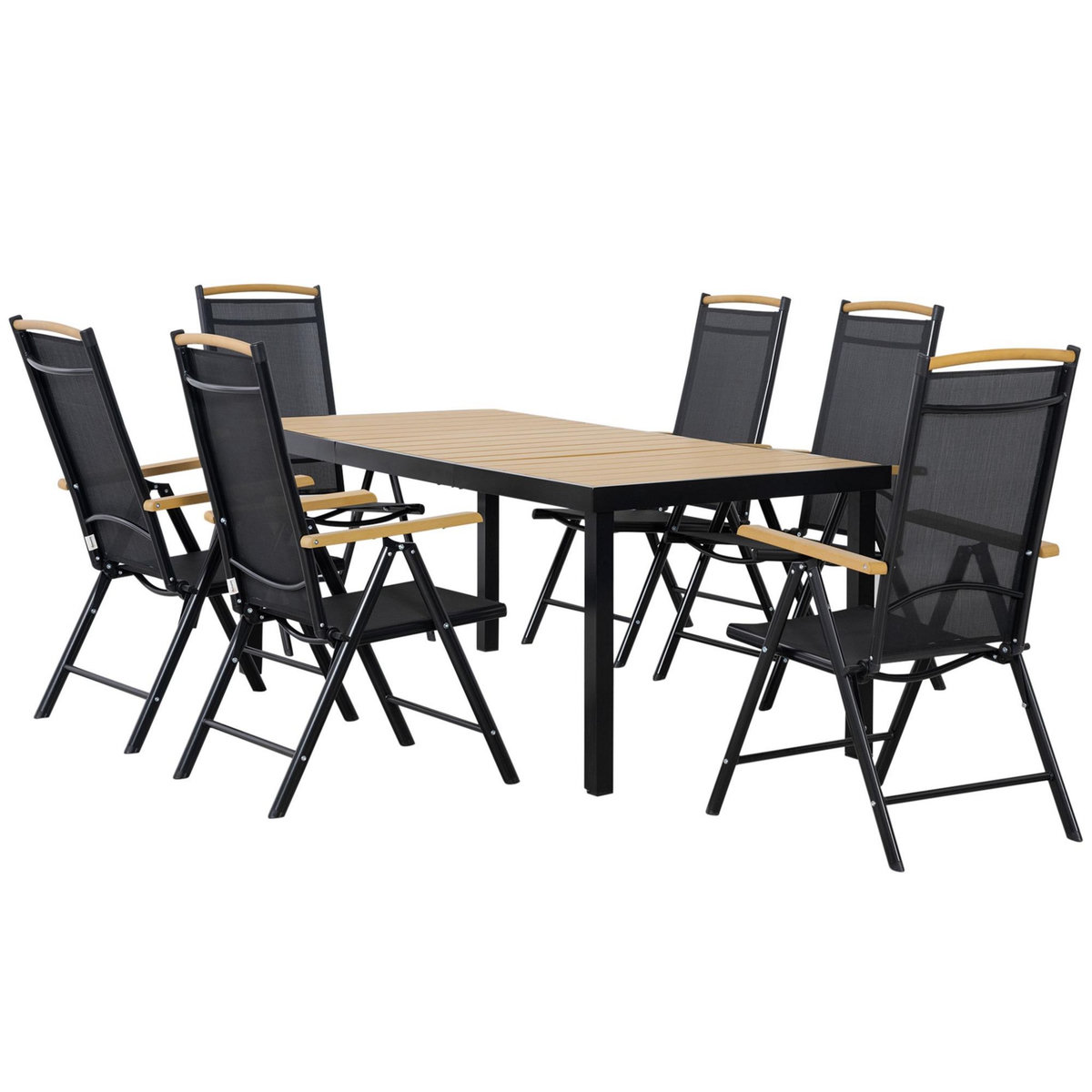 OUTSUNNY Ensemble table de jardin 6 personnes - chaises pliables inclinables accoudoirs - alu textilène noir plastique effet bois