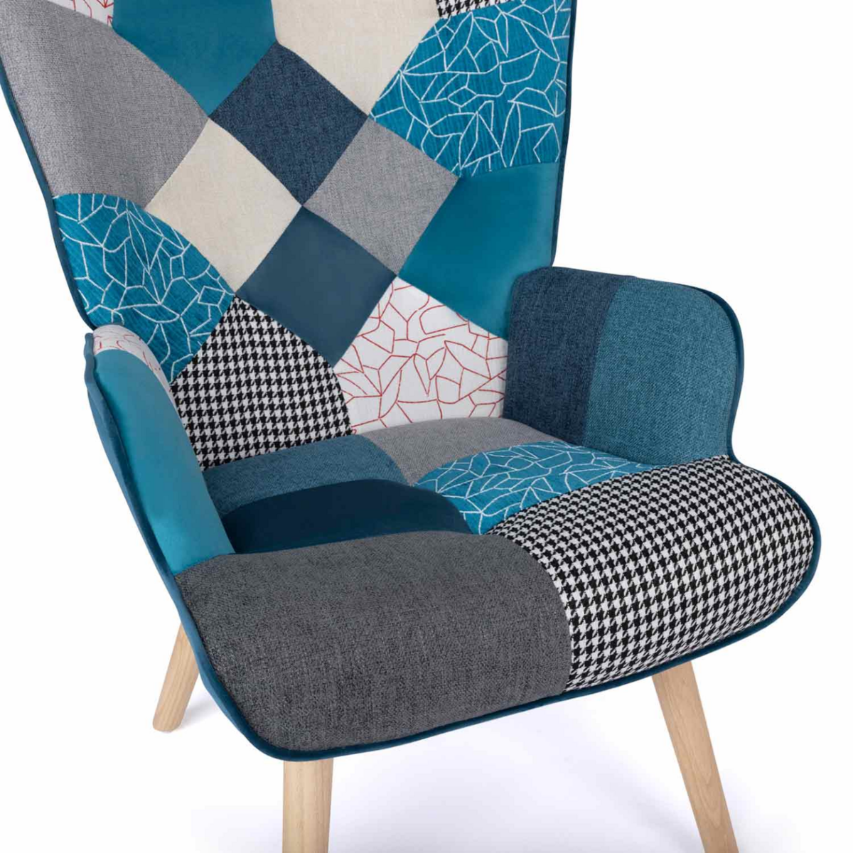 ID MARKET Fauteuil scandinave IVAR en tissu patchwork et velours bleu