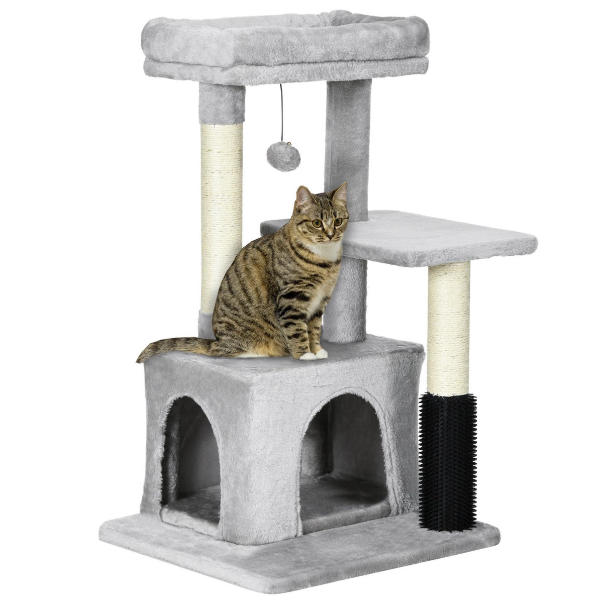 PAWHUT Arbre à chat griffoirs sisal naturel et massant grande niche plateforme panier jeu boule suspendue peluche gris