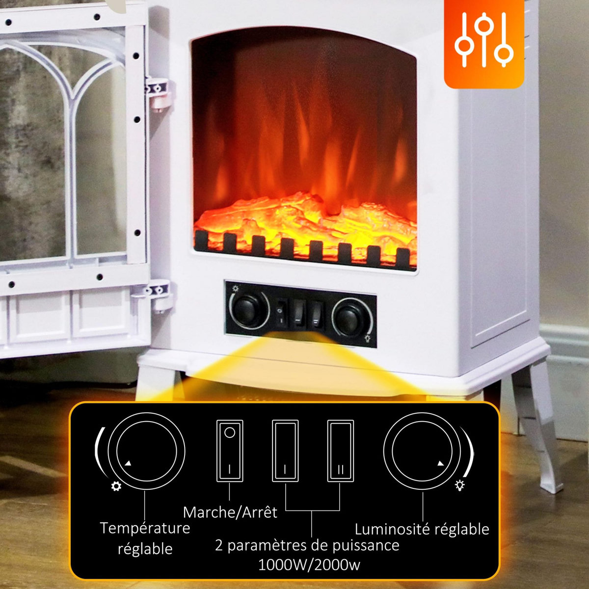 HOMCOM Cheminée électrique poêle style rétro 1000-2000 W simulation flammes LED porte blanc