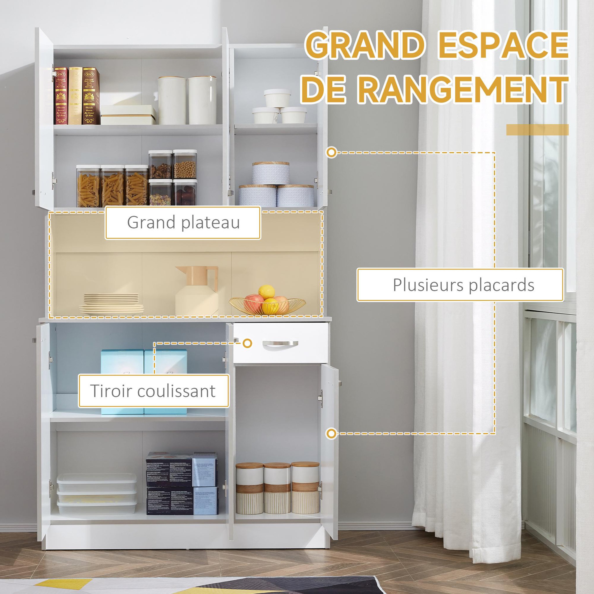 Voir la diapositive 4 : HOMCOM Buffet haut multi-rangement - 6 portes, tiroir, grand plateau - dim. 101L x 39l x 180H cm - panneaux particules blanc gris