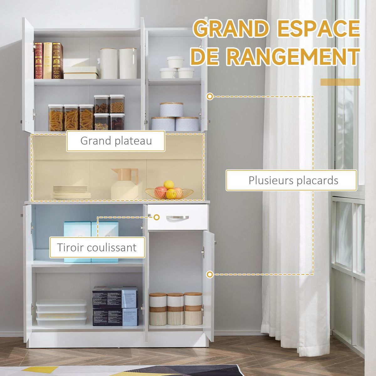 HOMCOM Buffet haut multi-rangement - 6 portes, tiroir, grand plateau - dim. 101L x 39l x 180H cm - panneaux particules blanc gris