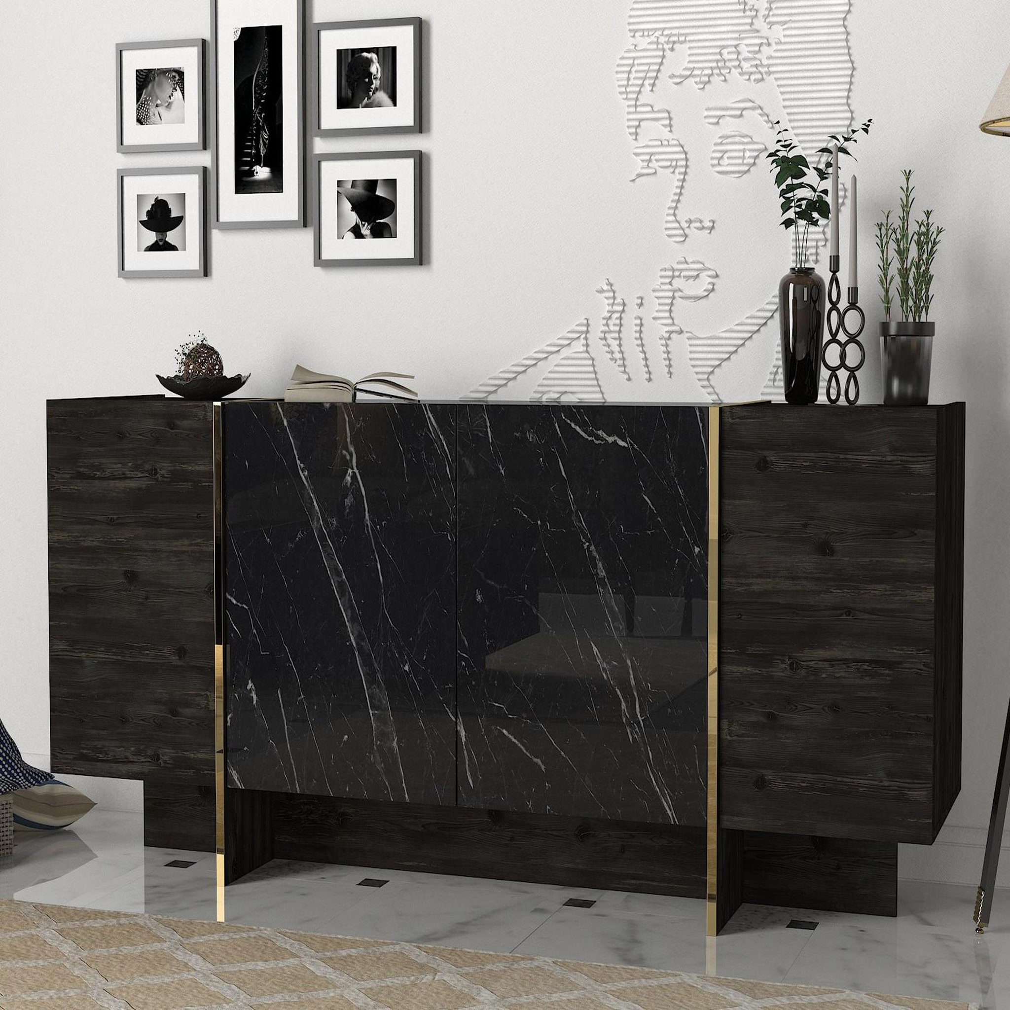 Voir la diapositive 2 : Habitat et Jardin Buffet en bois  veyron  - 180 x 46 x 75 cm - noir or
