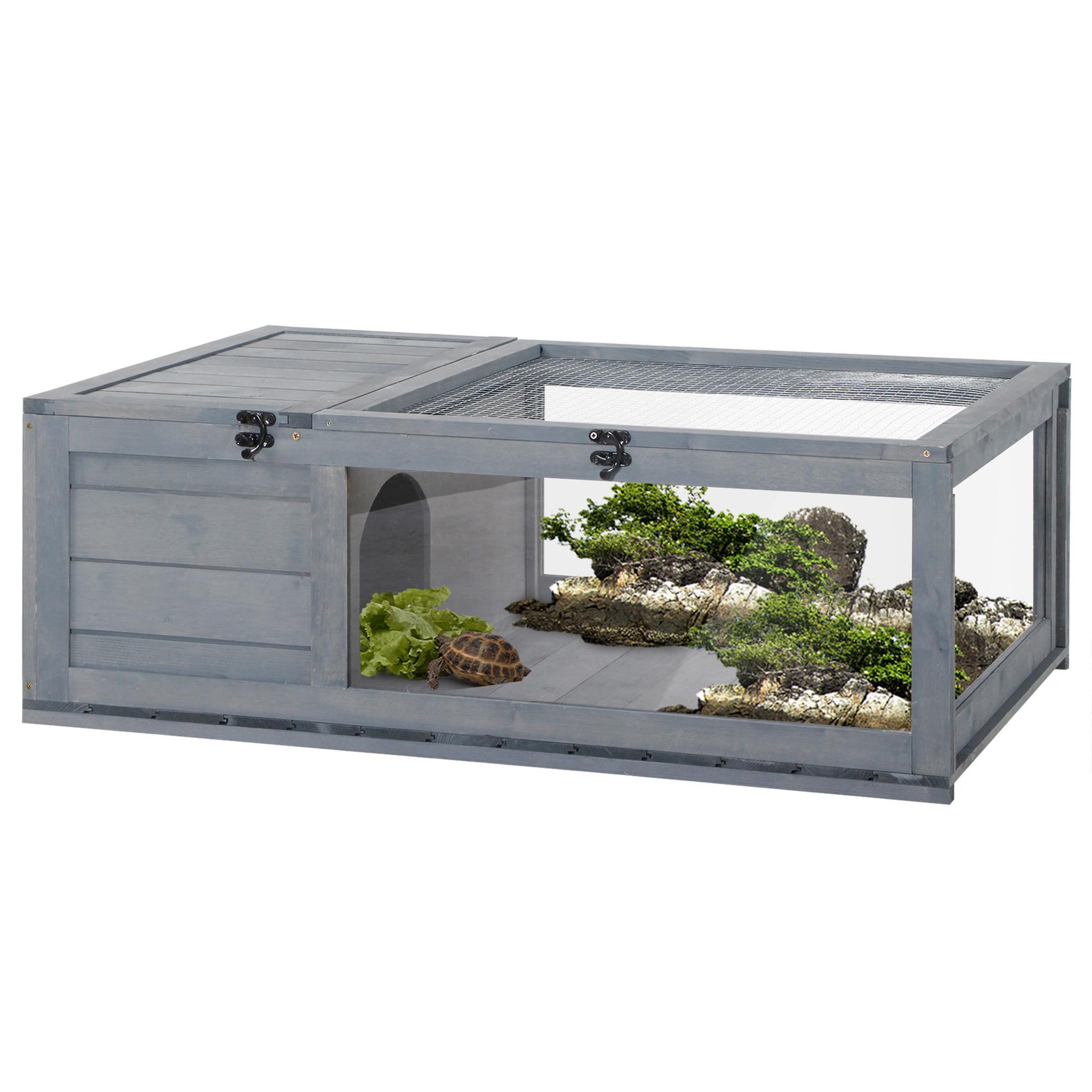 Voir la diapositive 1 : PAWHUT Enclos pour tortue - parc pour tortue - niche, enclos extérieur, toits ouvrants verrouillables - plexiglas métal sapin gris