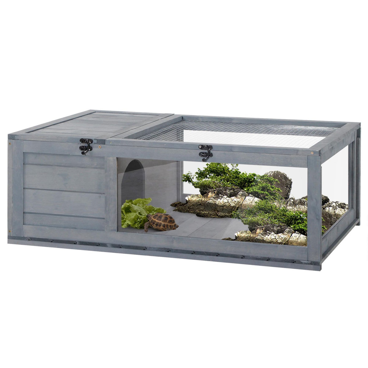 PAWHUT Enclos pour tortue - parc pour tortue - niche, enclos extérieur, toits ouvrants verrouillables - plexiglas métal sapin gris