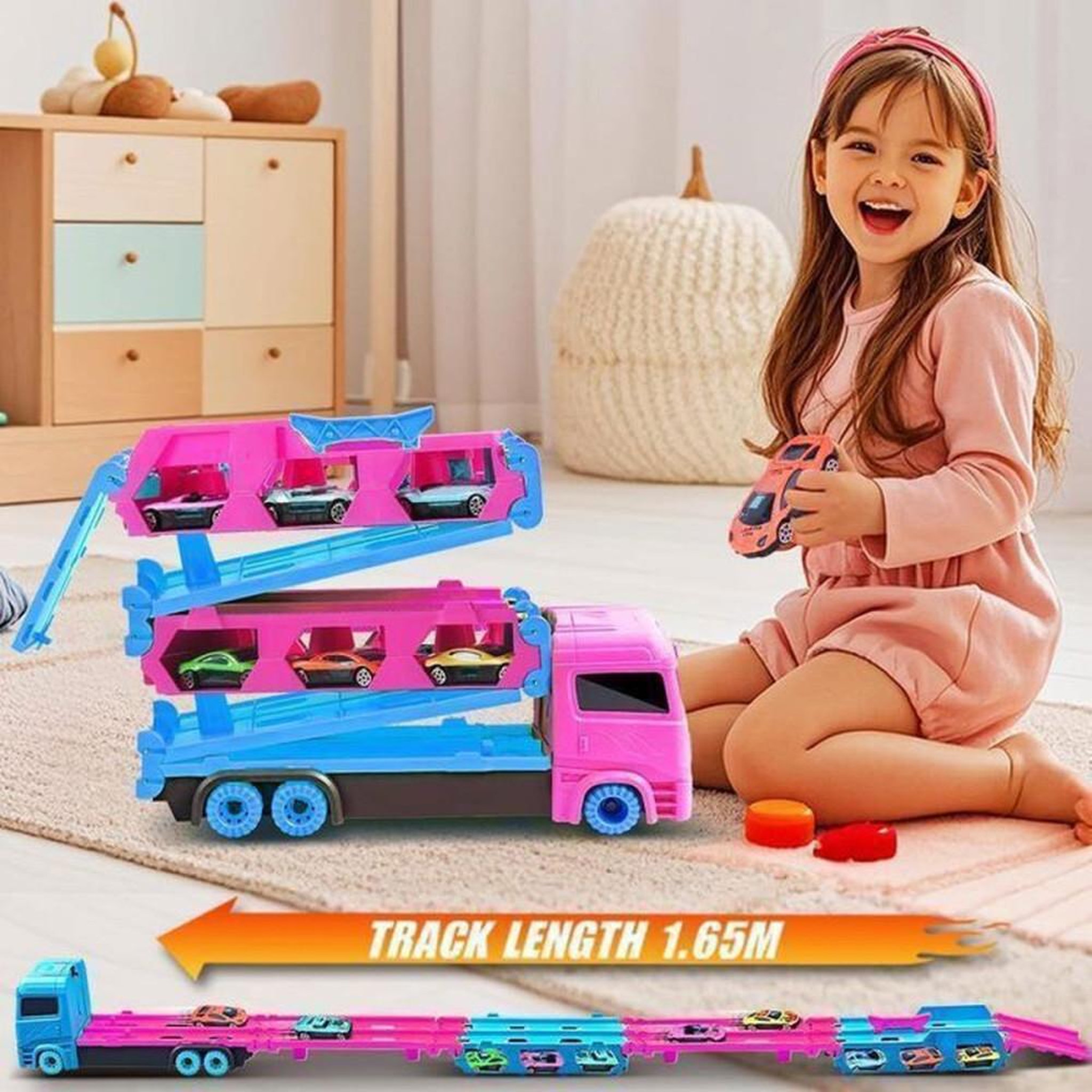 Voir la diapositive 3 : Camion transporteur de voitures enfant avec piste et 6 mini voitures, jeu sans piles à retour automatique, couleurs rose et bleu, poignée de transport, dès 3 ans