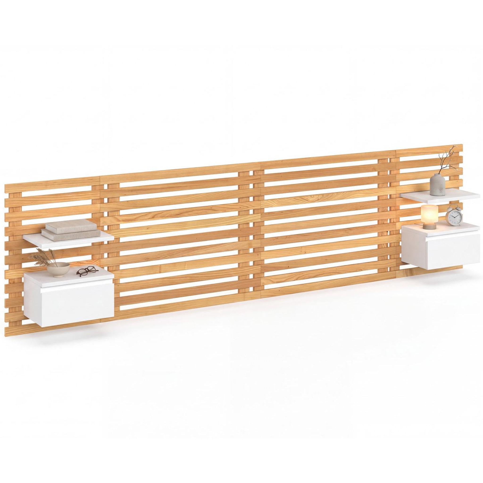 ID MARKET Tête de lit suspendue en lattes ava 240 cm avec chevets + tiroir façon bois et blanc