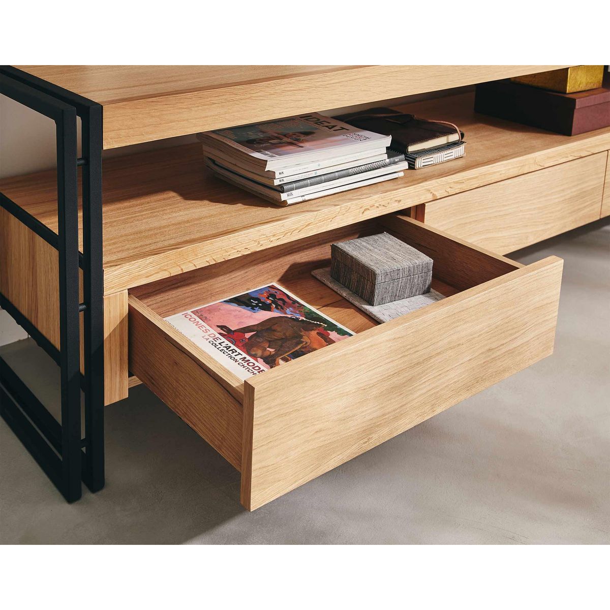 LISA DESIGN Bogota - meuble tv - bois plaquage chêne et noir - 3 tiroirs - 200 cm