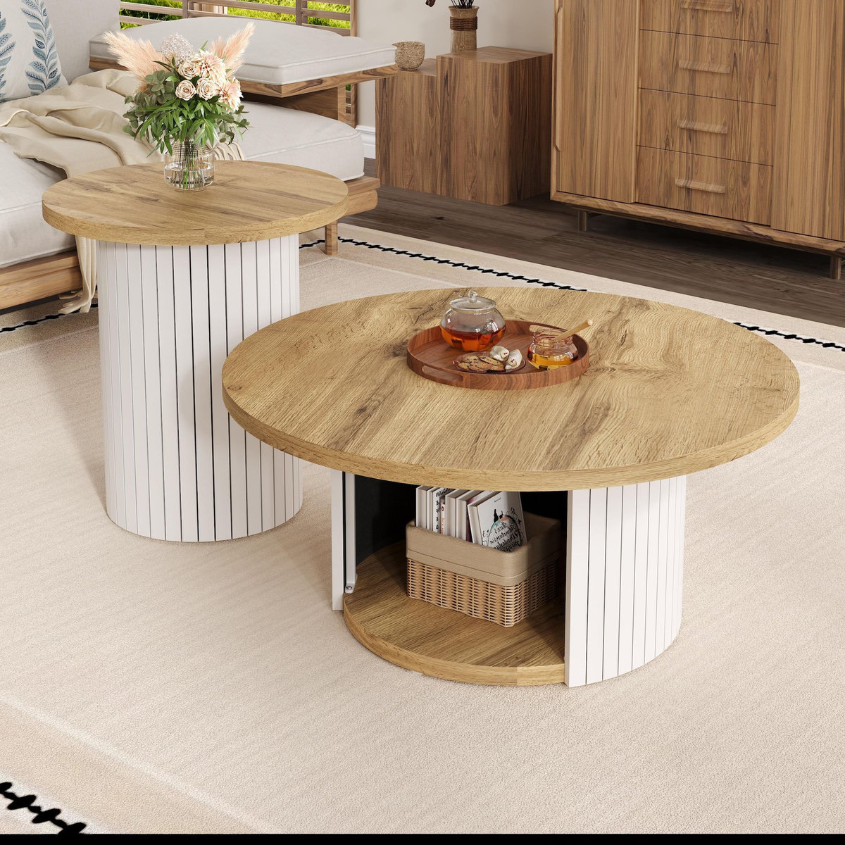 MERAX Table basse gigogne ronde blanc+naturel - 75x75 cm mdf