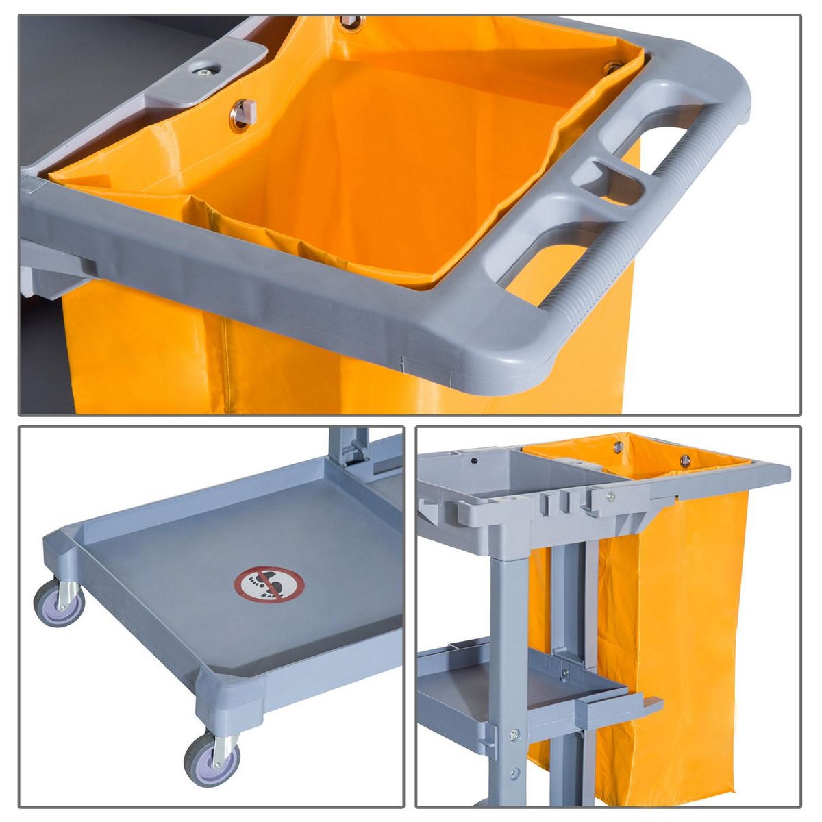 HOMCOM HOMCOM Chariot-poubelle chariot de nettoyage professionnel 3 plateaux sac grande résistance fourni jaune gris