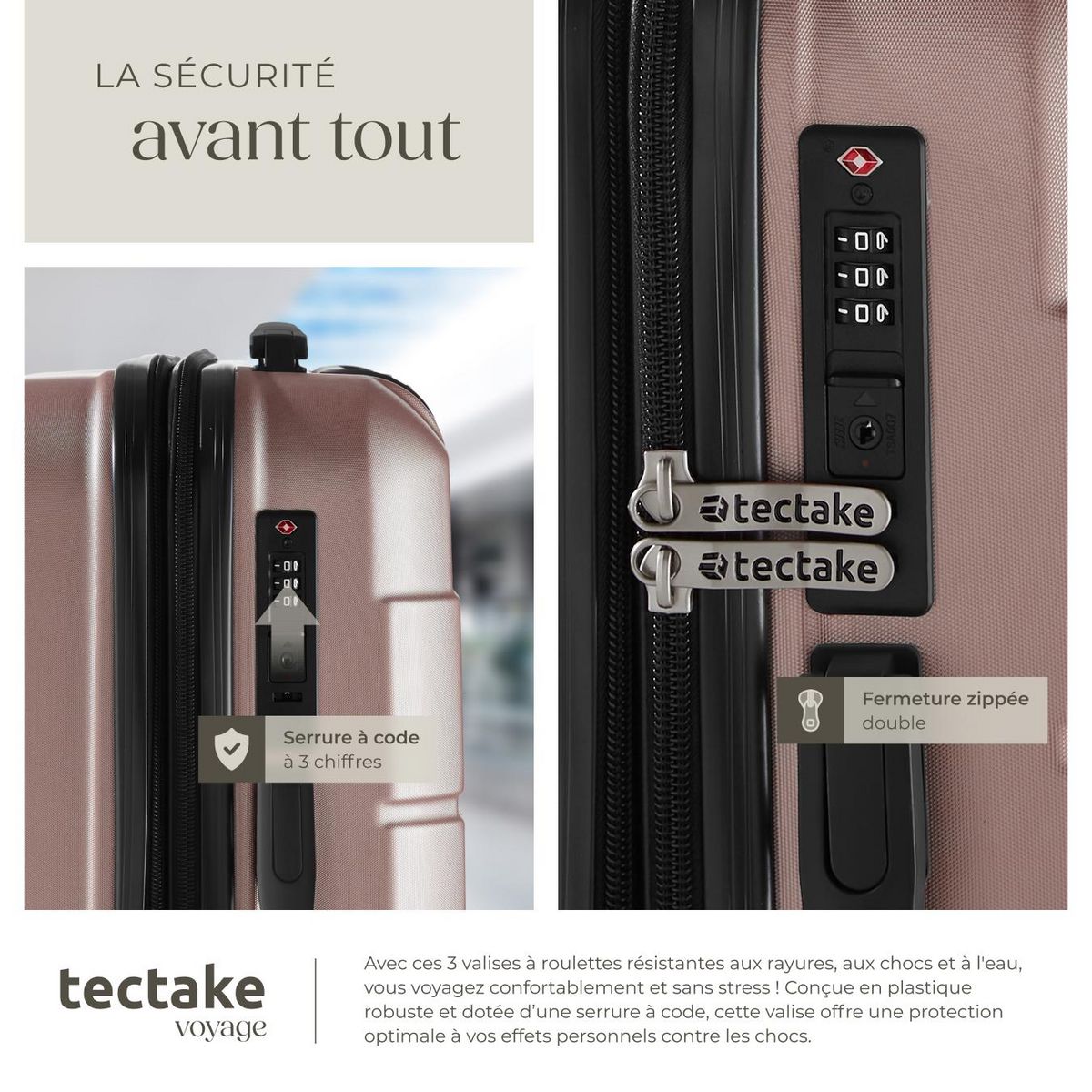 tectake Set de valises de voyage 3 pièces en plastique ABS robuste avec revêtement en polycarbonate or rose
