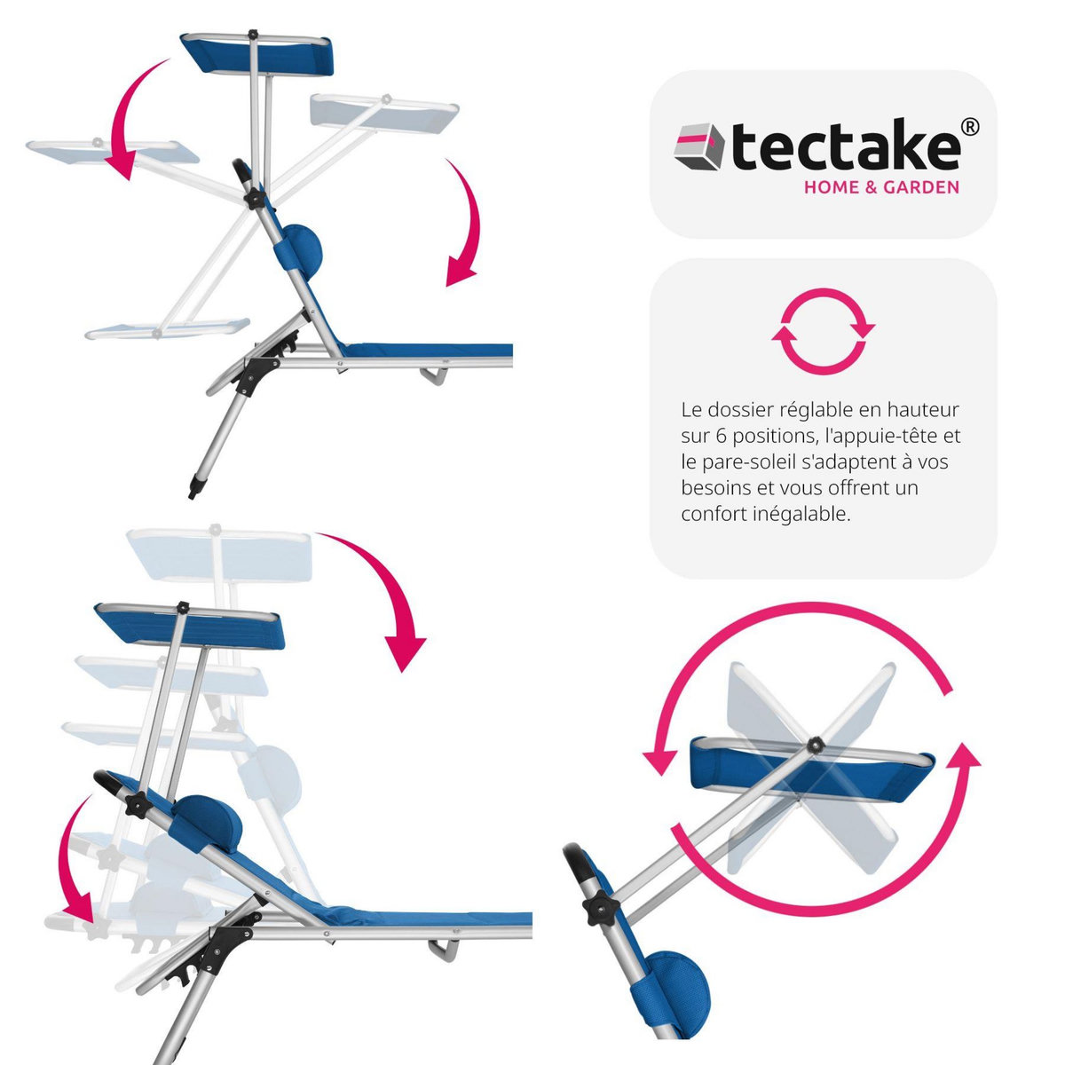 tectake Bain de soleil Transat Chaise longue Rembourrage épais, Pliable