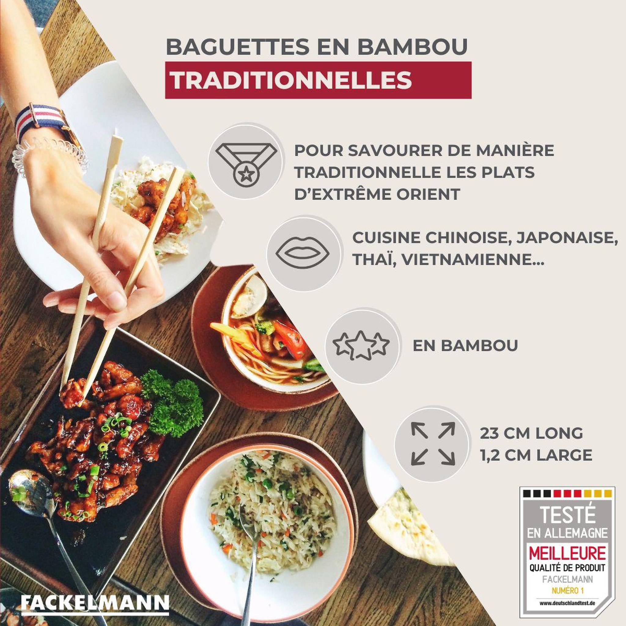 Voir la diapositive 3 : Fackelmann Lot de 10 paires de baguettes de 23cm en bambou Fackelmann Asia Line